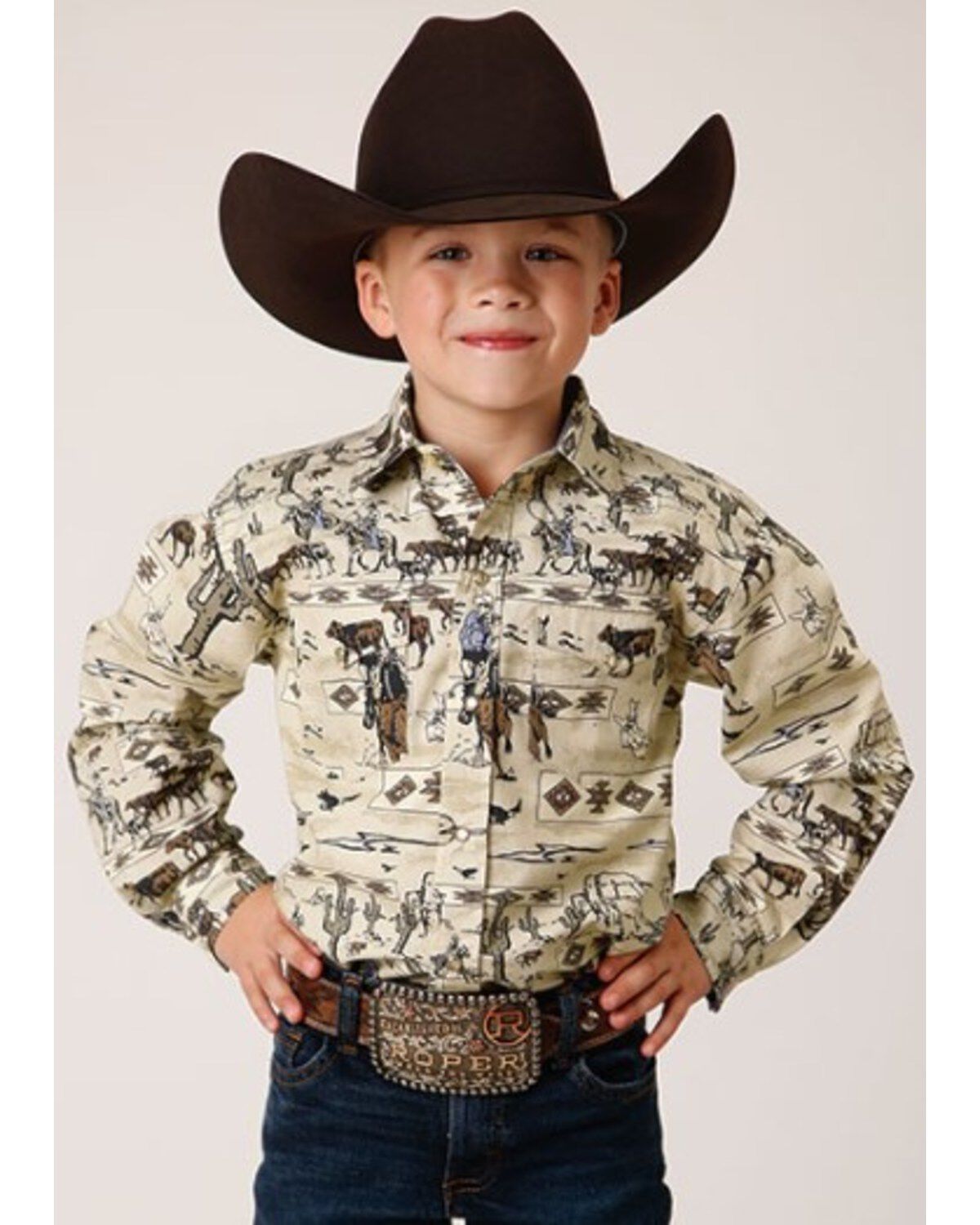 Roper Boys' Vintage Printed Long Sleeve Snap Western Shirt