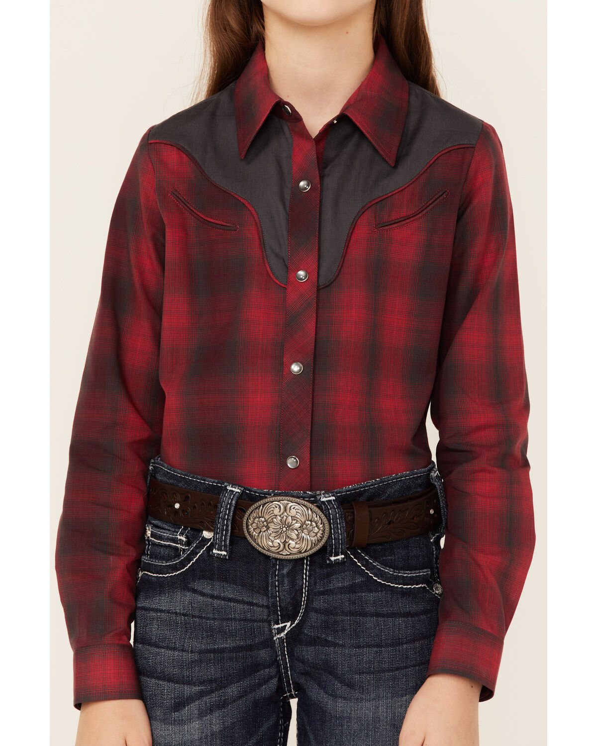 Roper Girls' Fancy Applique Plaid Long Sleeve Snap Western Shirt