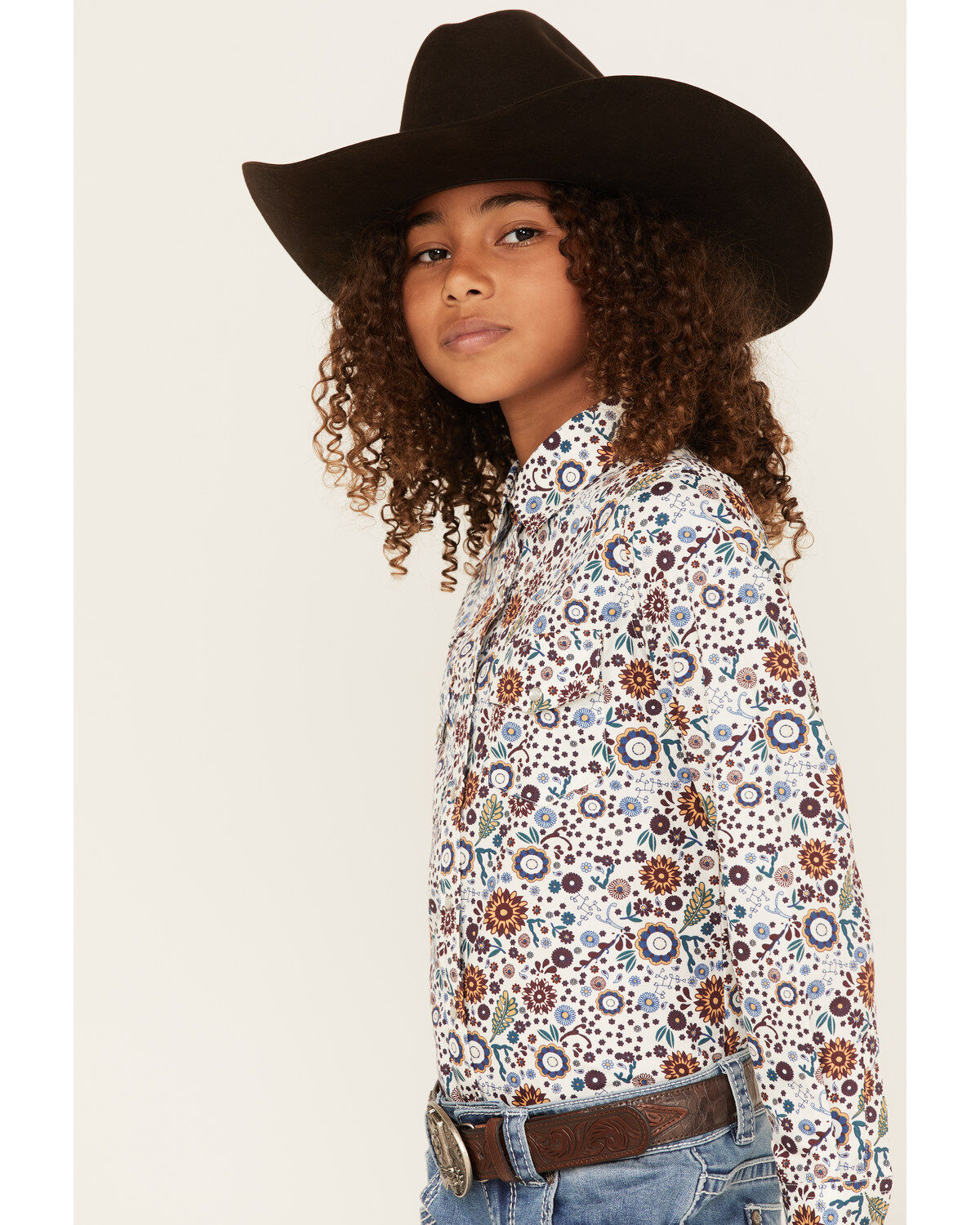 Shyanne Girls' Ditsy Floral Print Long Sleeve Western Pearl Snap Shirt