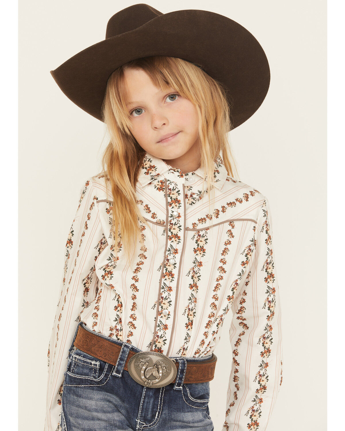 Ely Walker Girls' Floral Striped Long Sleeve Pearl Snap Western Shirt