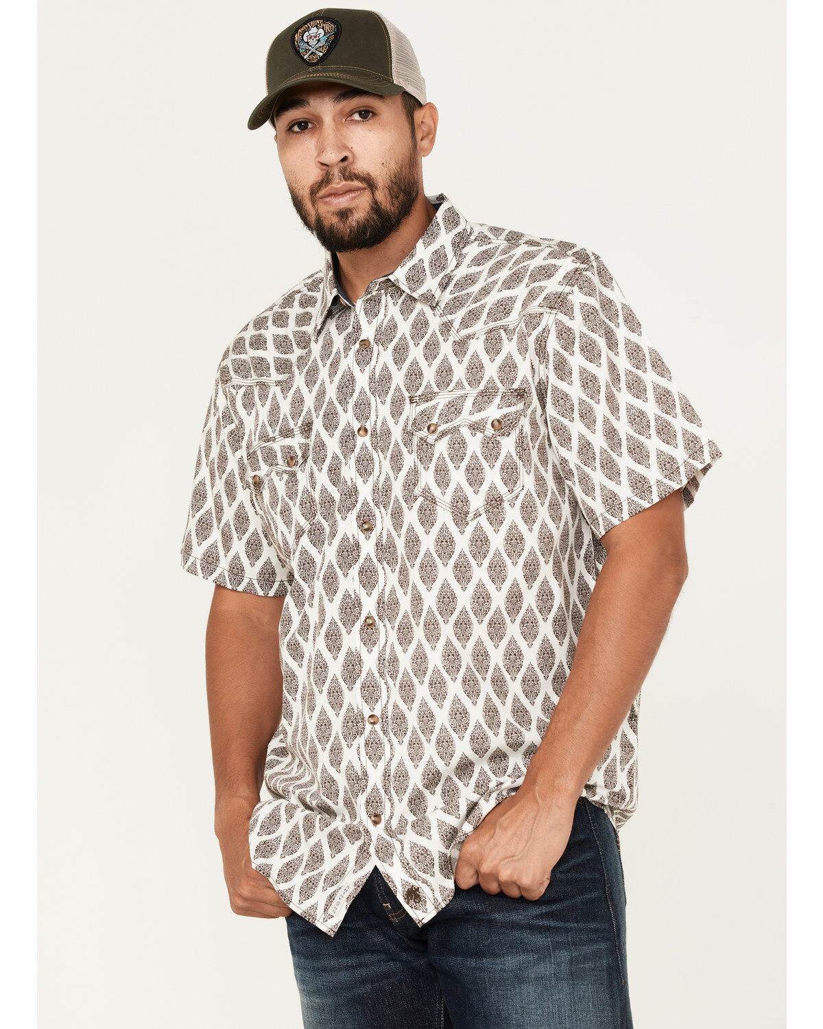 Moonshine Spirit Men's Bar Stool Floral Geo Print Snap Western Shirt