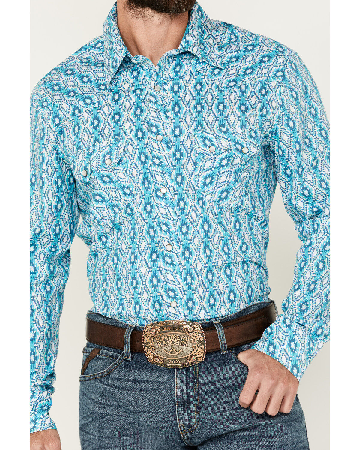 Rock & Roll Denim Men's Southwestern Print Long Sleeve Pearl Snap Stretch Western Shirt