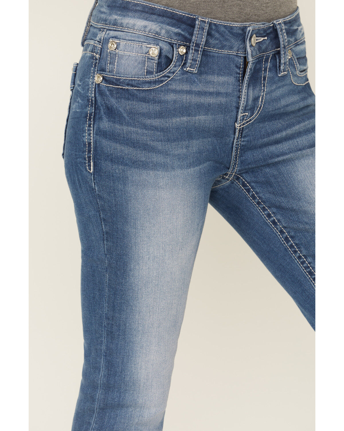 Shyanne Mid Rise Medium Wash Bootcut Paisley Faux Flap Stretch Denim Jeans