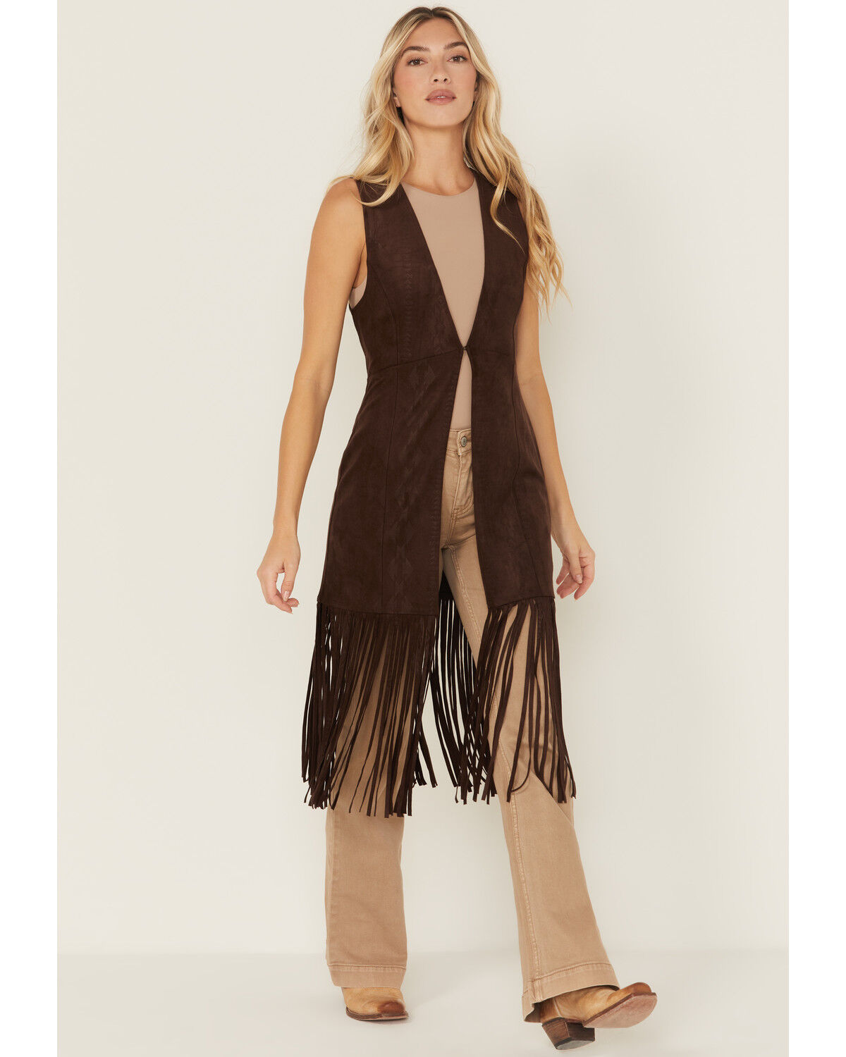 Shyanne Women's Embossed Southwestern Print Fringe Faux Suede Vest