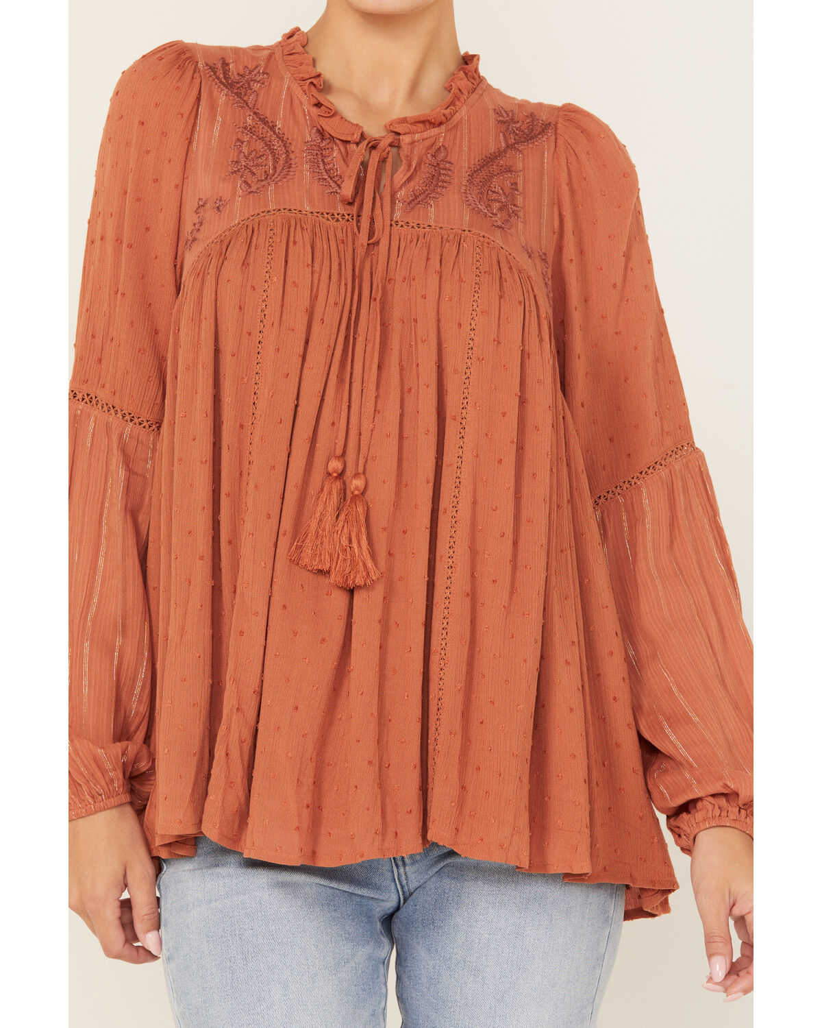 Miss Me Women's Embroidered Long Sleeve Blouse