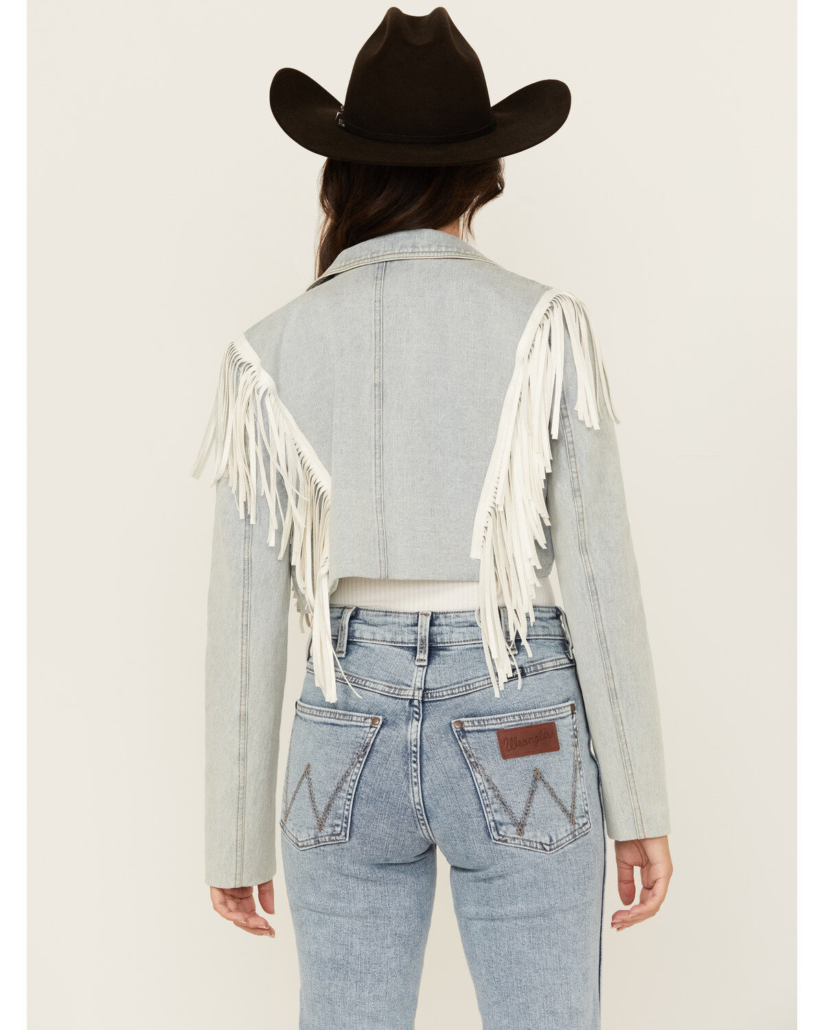Azalea Wang Women's Halina Fringe Light Wash Cropped Denim Jacket