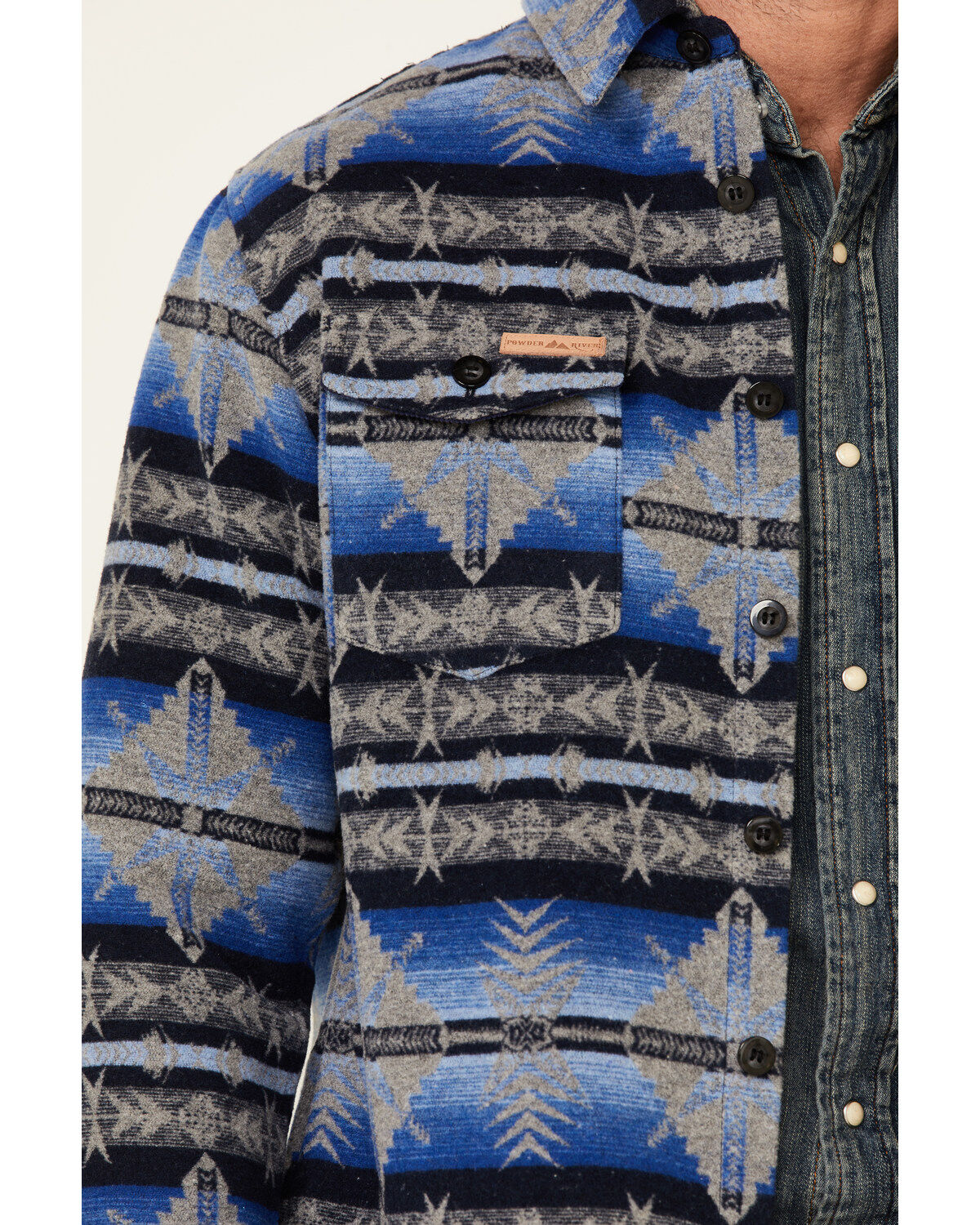 Powder River Outfitters Men's Blue Southwestern Print Button-Front Wool Shirt Jacket