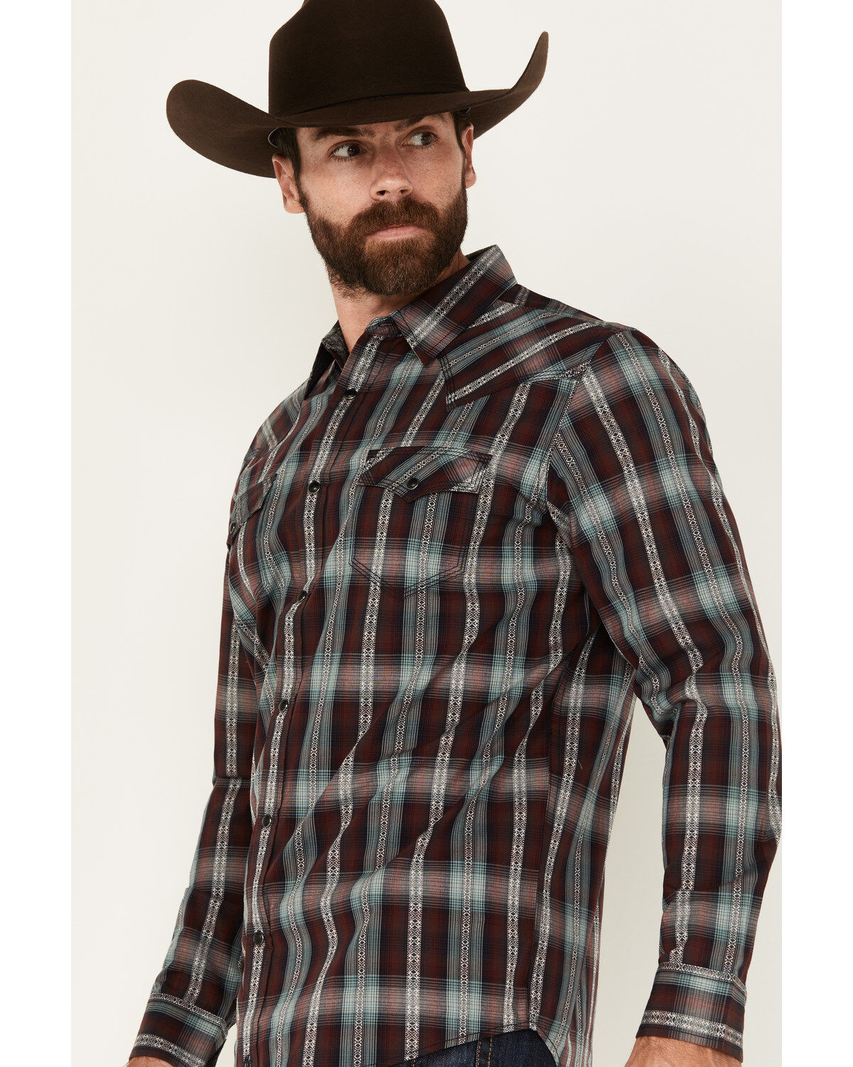 Moonshine Spirit Men's Lone Horn Plaid Print Long Sleeve Snap Western Shirt
