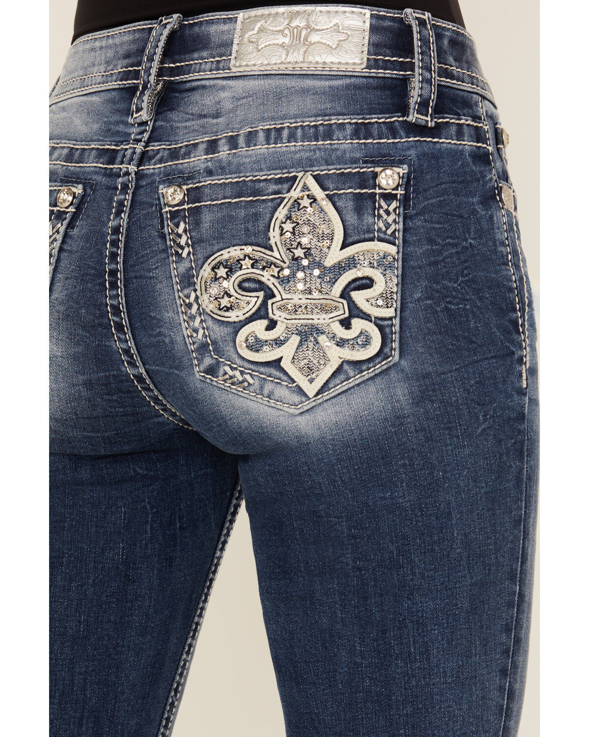 Miss Me Women's Medium Wash Mid Rise Fleur de Lis Pocket Bootcut Stretch Denim Jeans