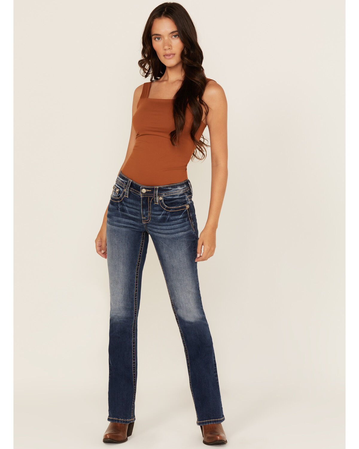 Miss Me Women's Dark Wash Mid Rise Leaf Pocket Bootcut Stretch Denim Jeans