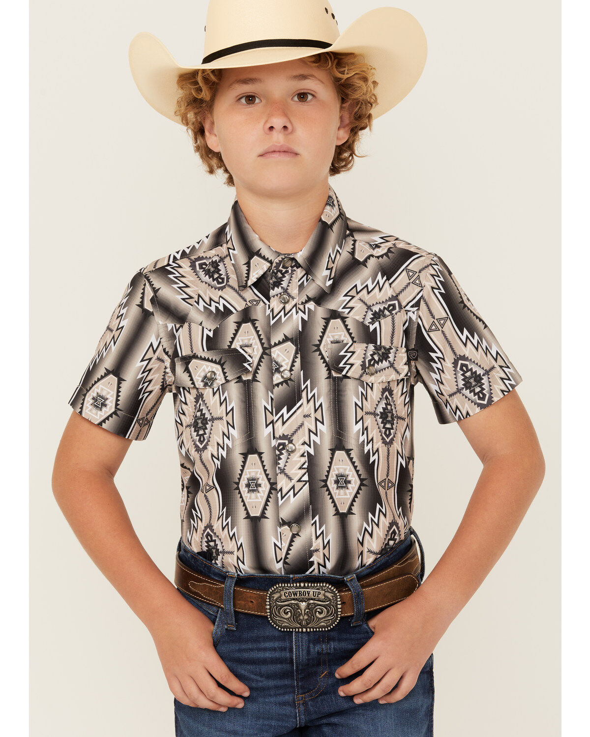 Rock & Roll Denim Boys' Southwestern Print Moisture Wicking Short Sleeve Pearl Snap Western Shirt