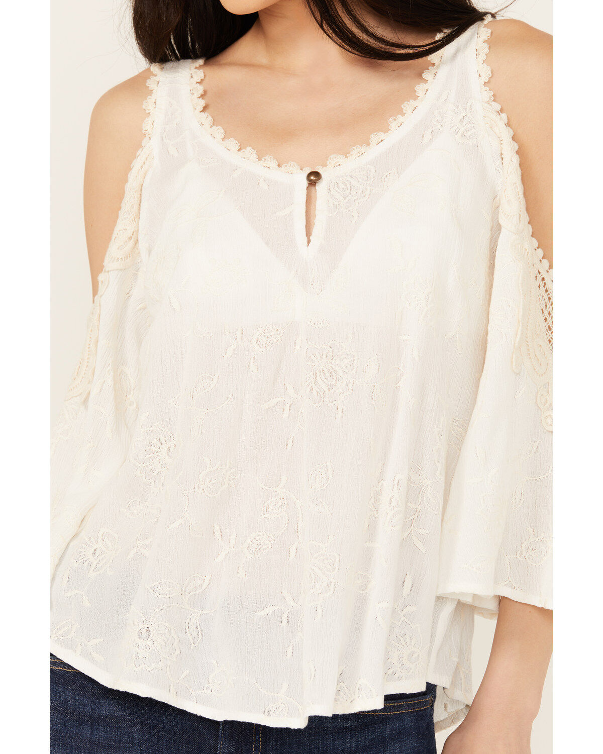 Wild Moss Women's Embroidered Cold Shoulder Top