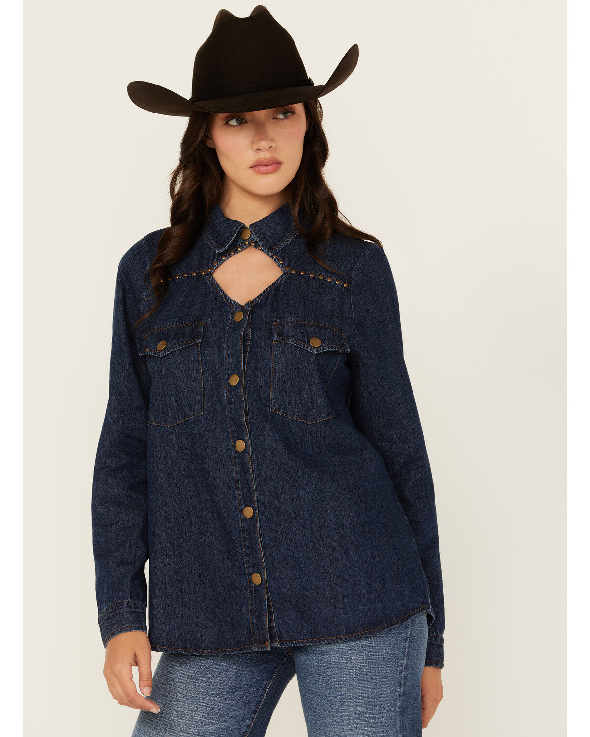 Blue B Women's Dark Wash Studded Keyhole Long Sleeve Snap Denim Shirt