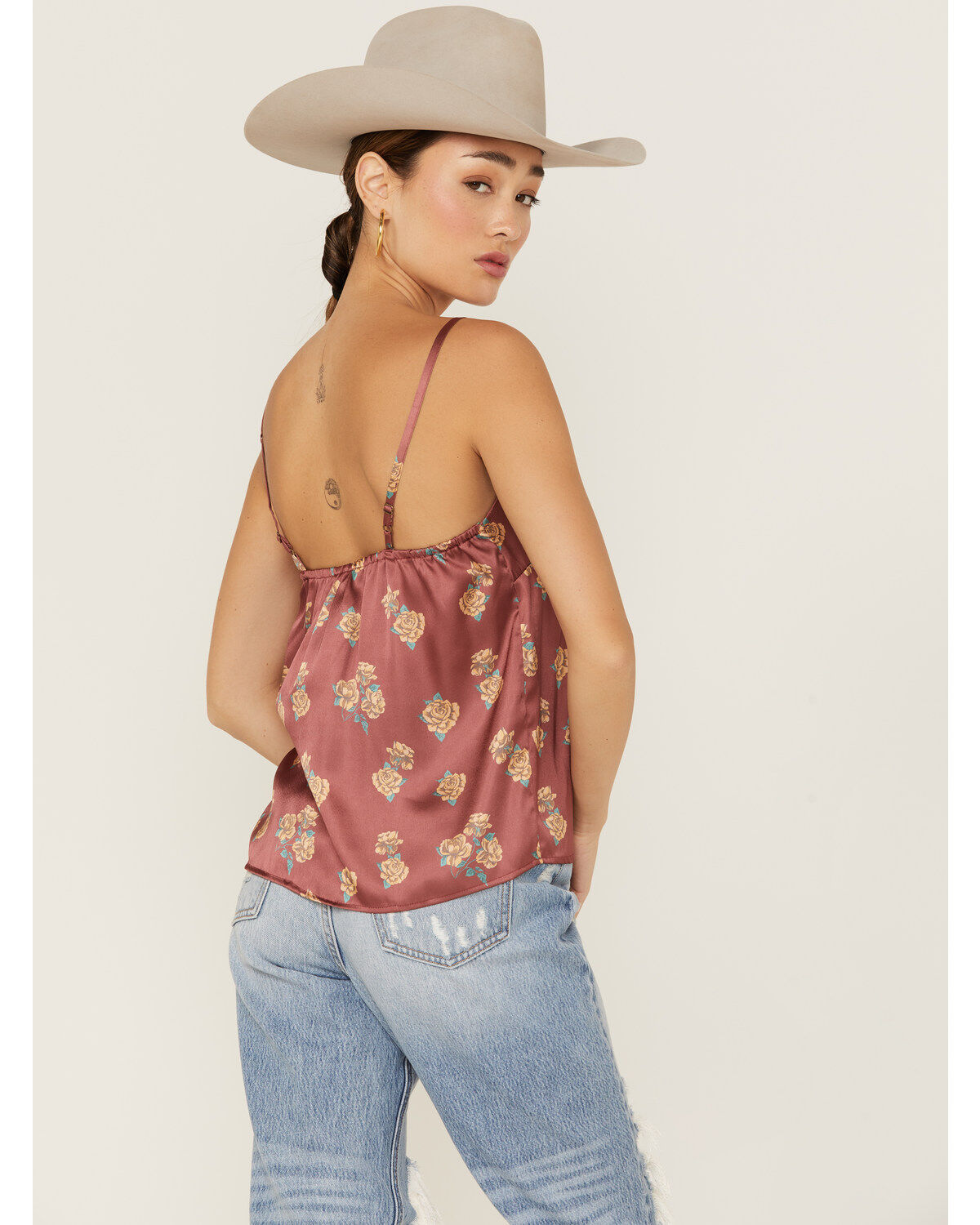 Panhandle Women's Floral Satin Button Front Cami