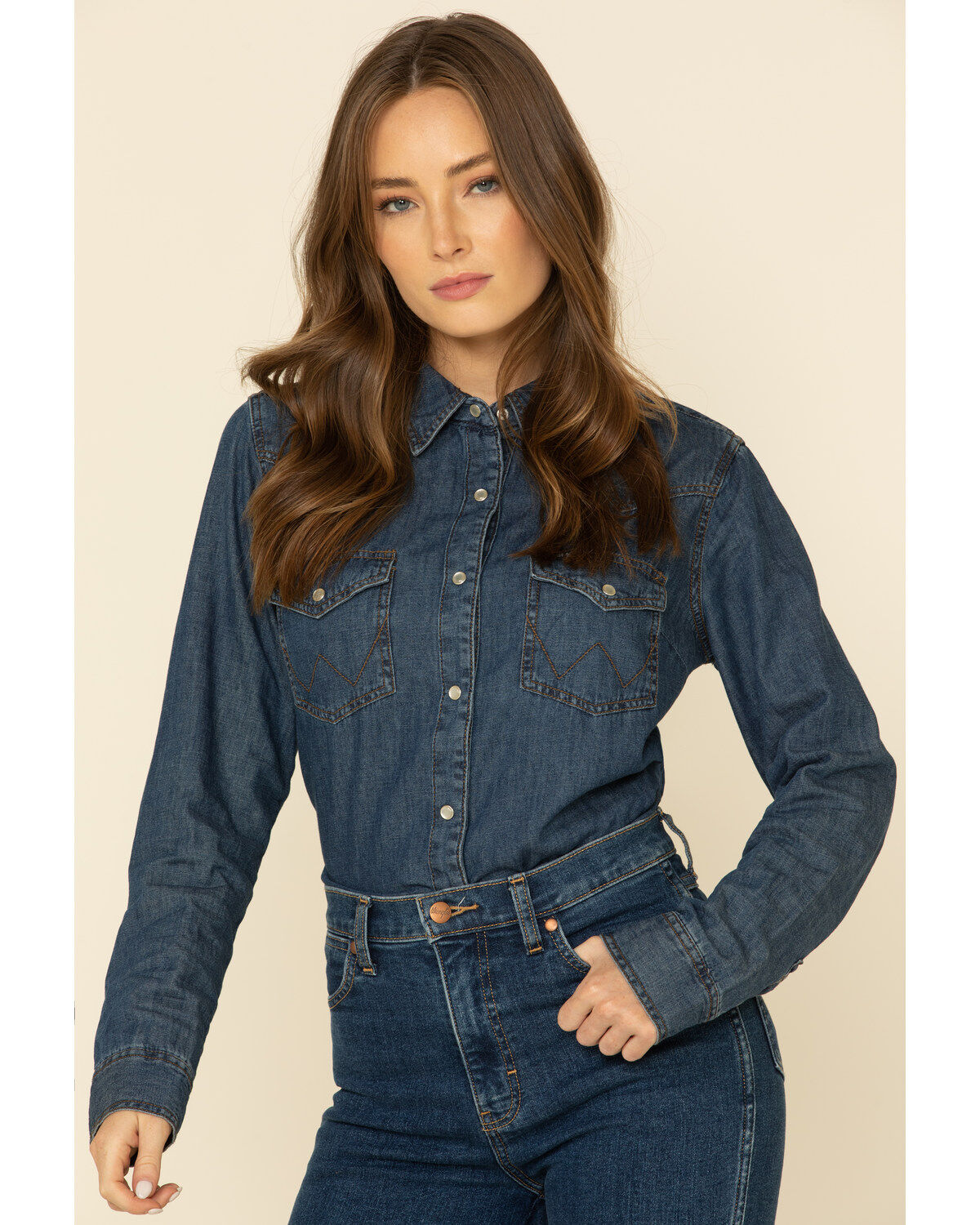 Wrangler Women's Dark Wash Long Sleeve Pearl Snap Denim Western Shirt