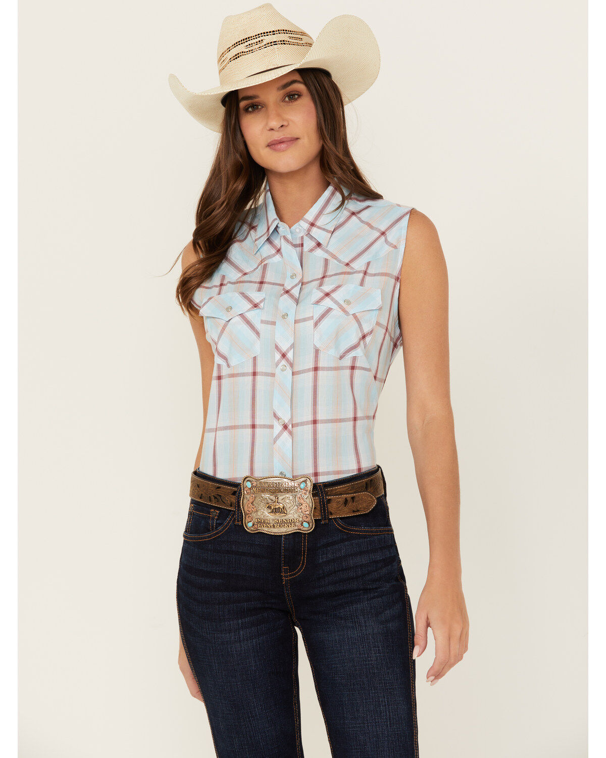Ely Walker Women's Plaid Print Sleeveless Pearl Snap Western Shirt