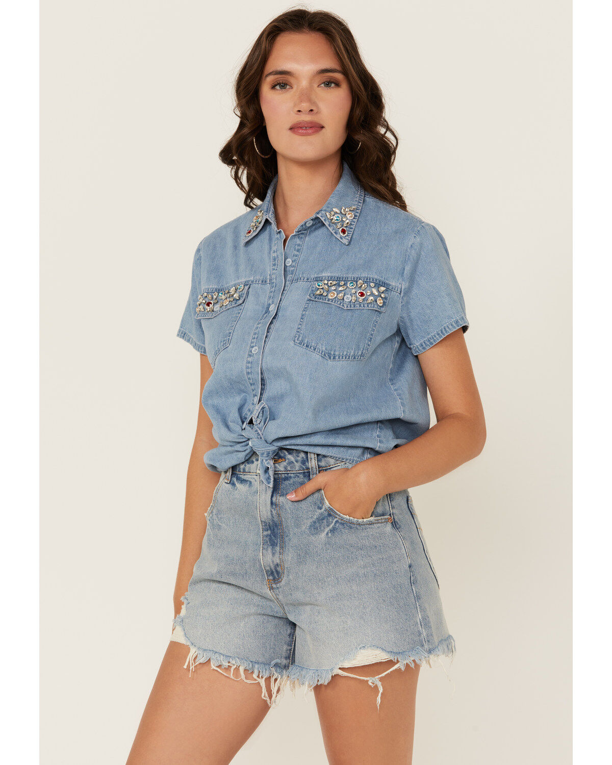 Blue B Women's Light Wash Rhinestone Short Sleeve Button-Down Denim Shirt