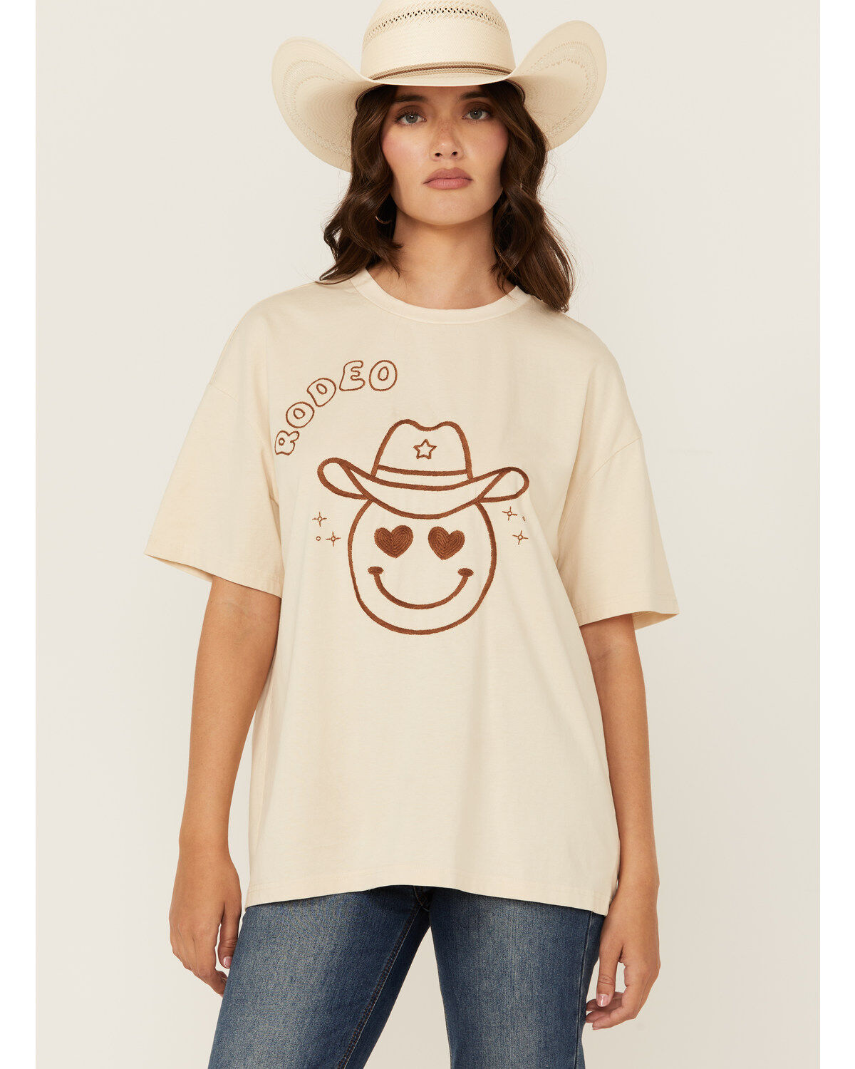 Blue B Women's Embroidered Smiley Rodeo Short Sleeve Graphic Tee
