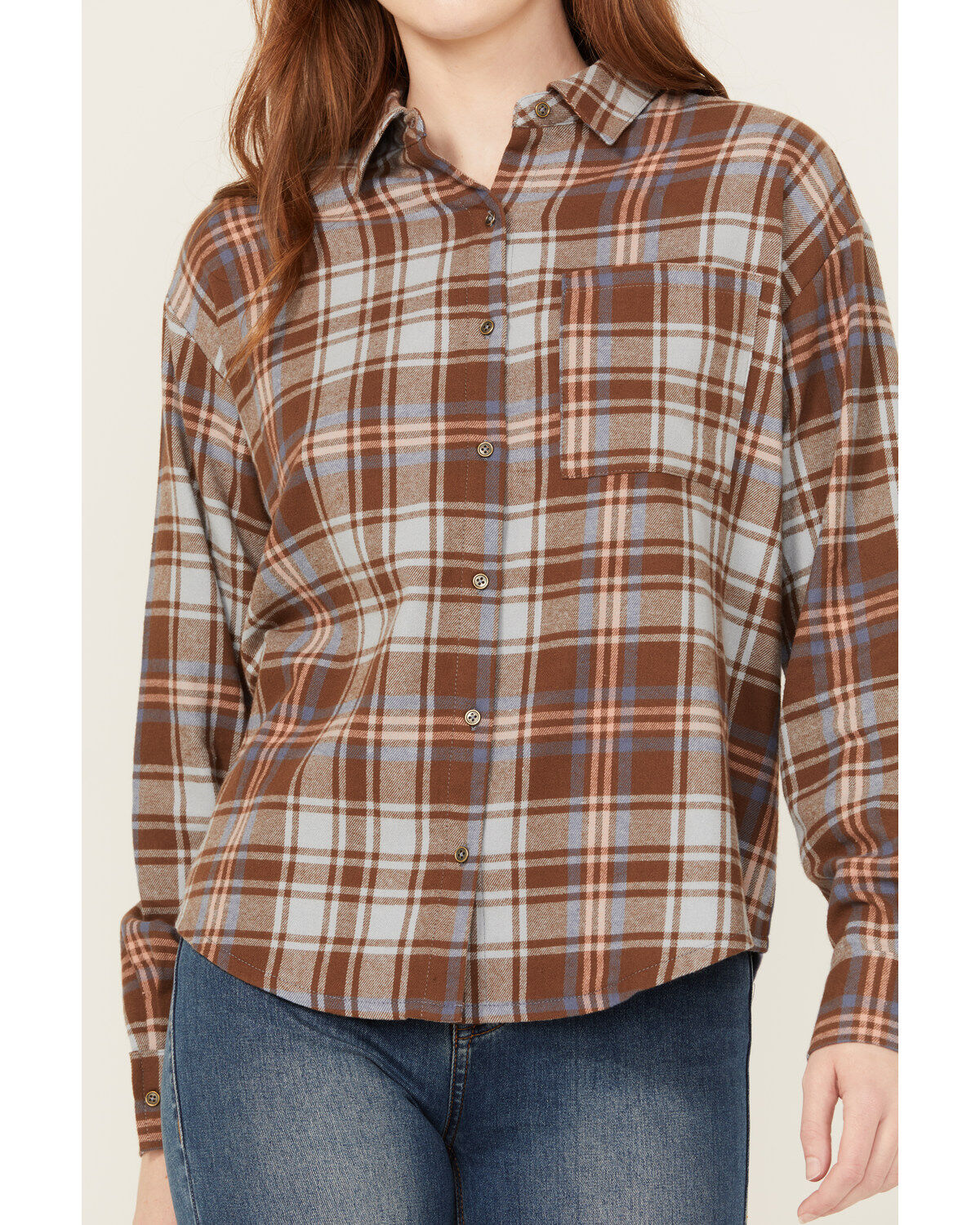 Cleo + Wolf Women's Mixed Media Plaid Print Button-Down Graphic Flannel Shirt