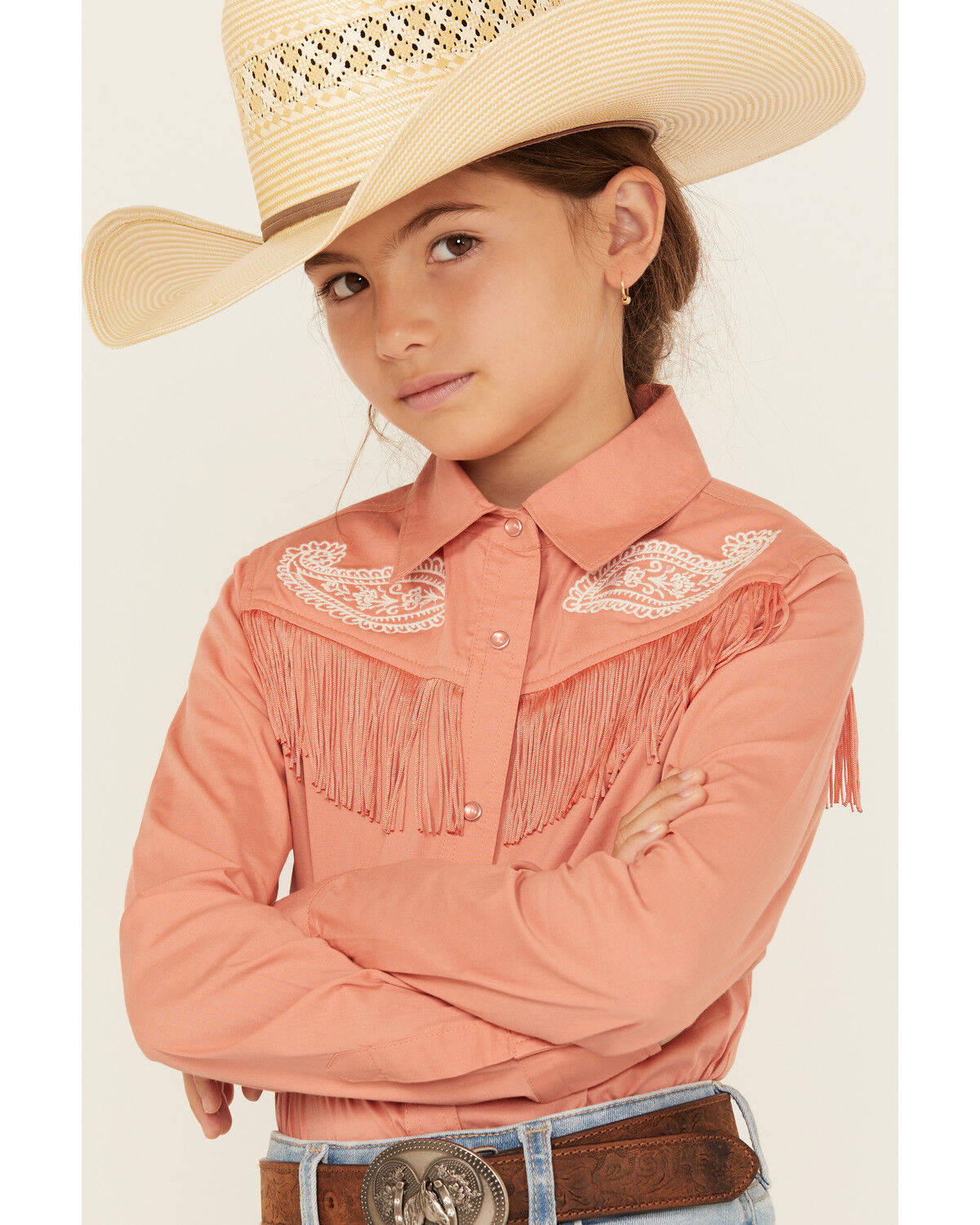 Shyanne Girls' Western Embroidered Fringe Long Sleeve Snap Stretch Western Shirt