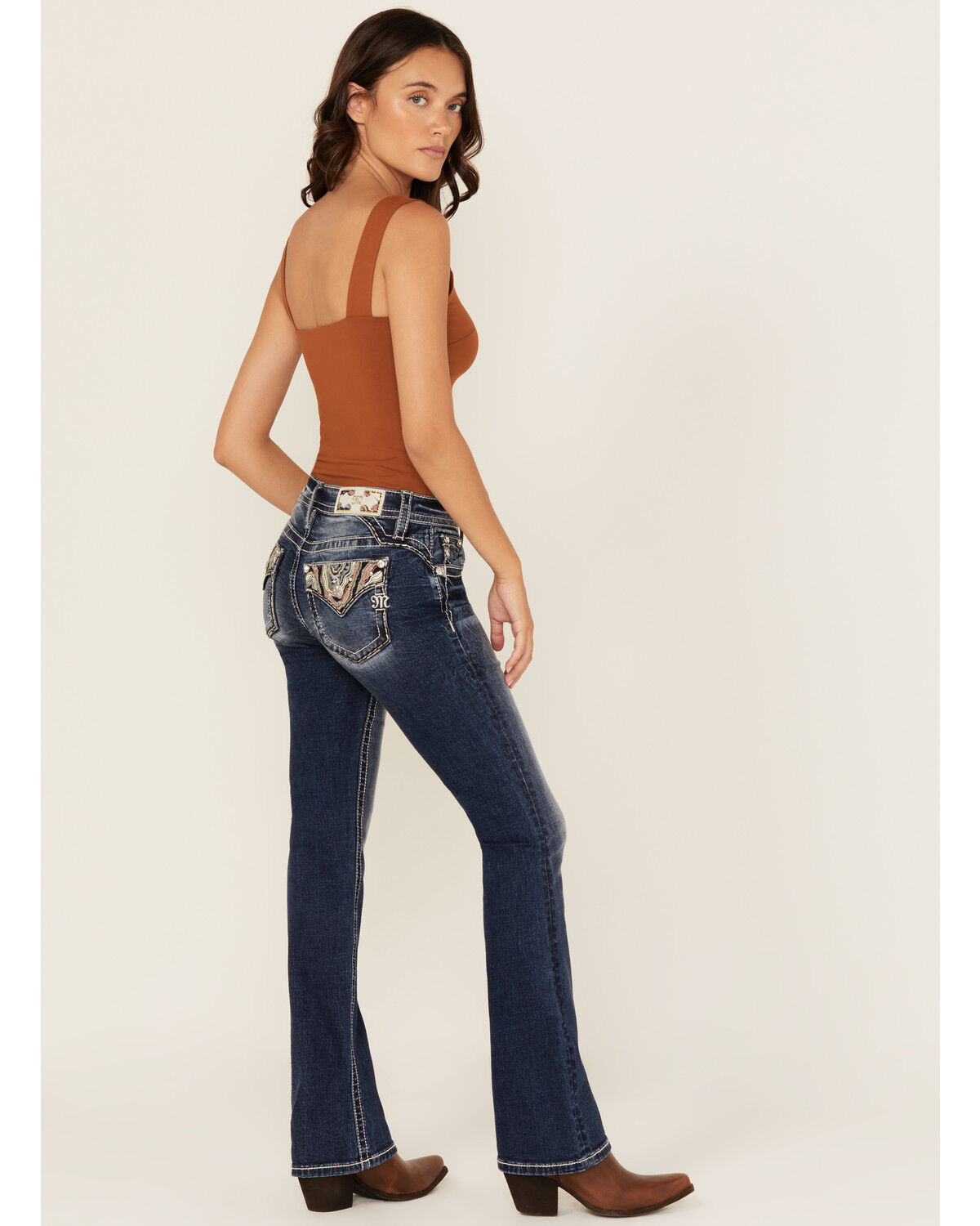 Miss Me Women's Dark Wash Mid Rise Agate Pocket Bootcut Stretch Denim Jeans