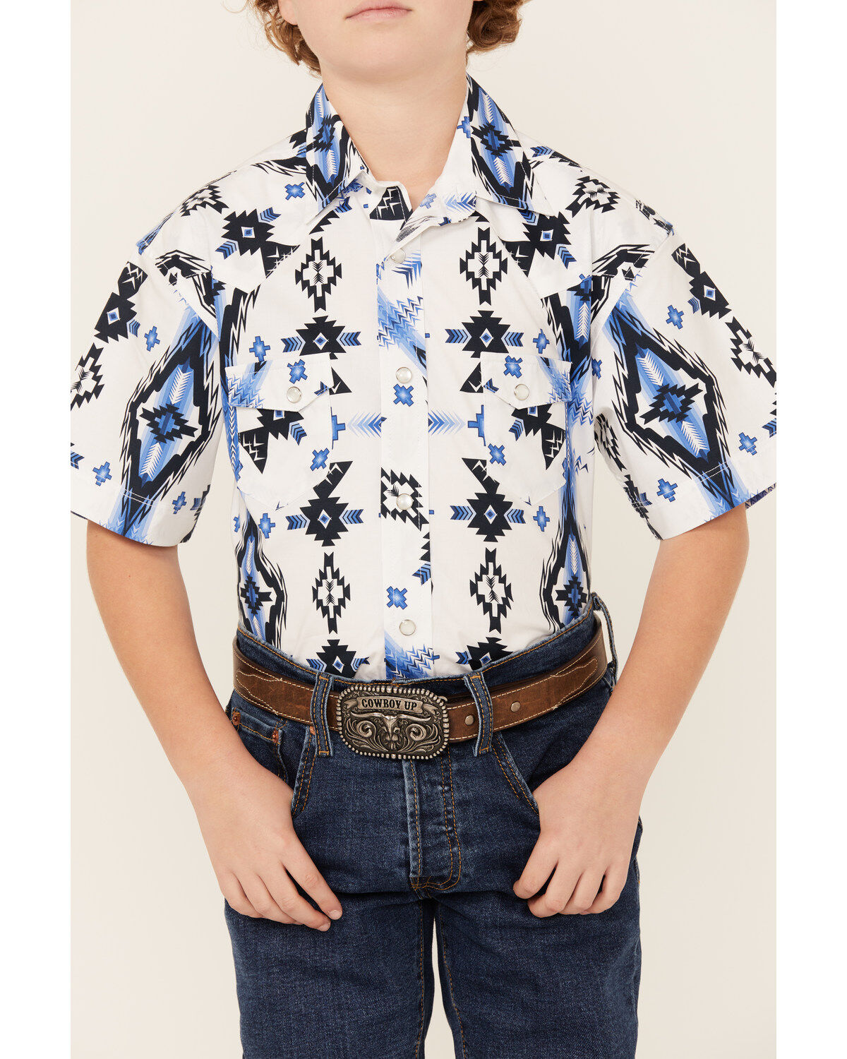 Rock & Roll Denim Boys' Southwestern Print Short Sleeve Pearl Snap Stretch Western Shirt