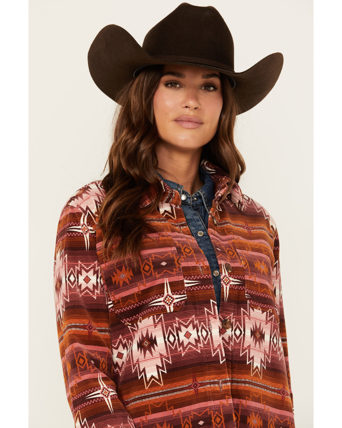 Shyanne Women's Southwestern Striped Print Corduroy Barn Shacket