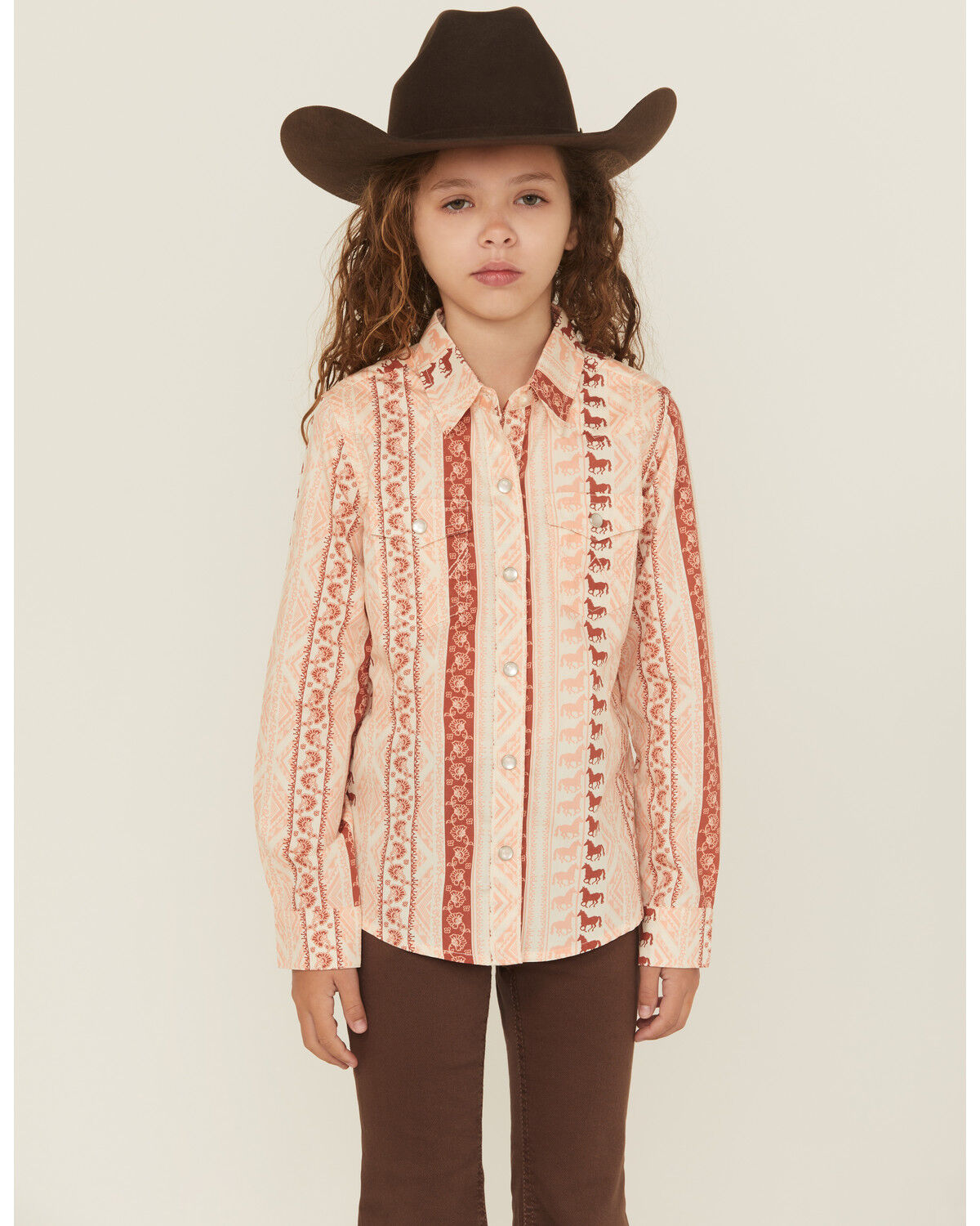 Wrangler Girls' Horse Striped Print Long Sleeve Snap Western Shirt