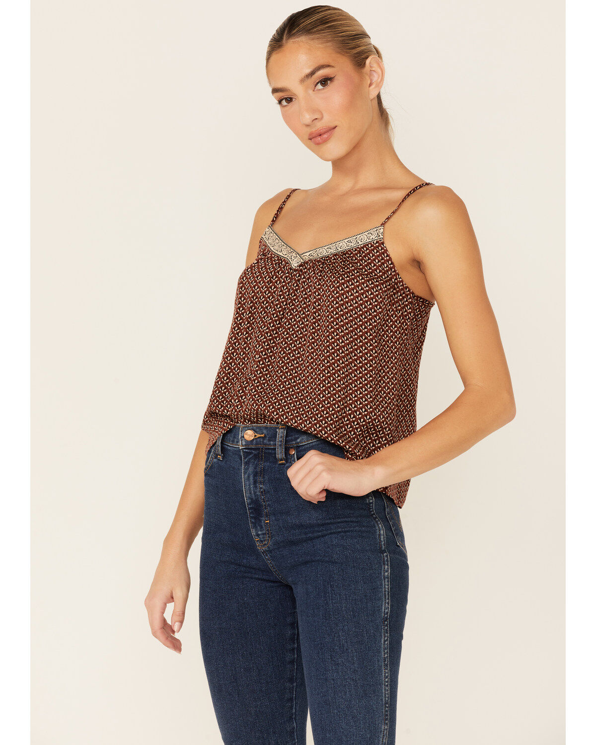 Patrons of Peace Women's Tawny Tile Print Neck Line Cami