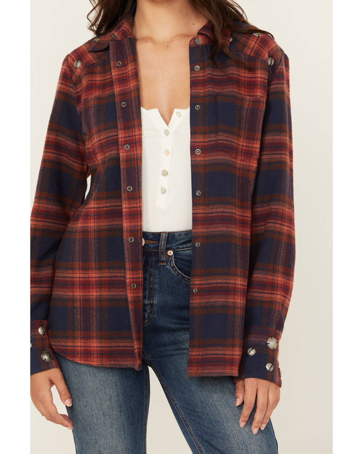 Shyanne Women's Embellished Plaid Print Long Sleeve Snap Western Shirt