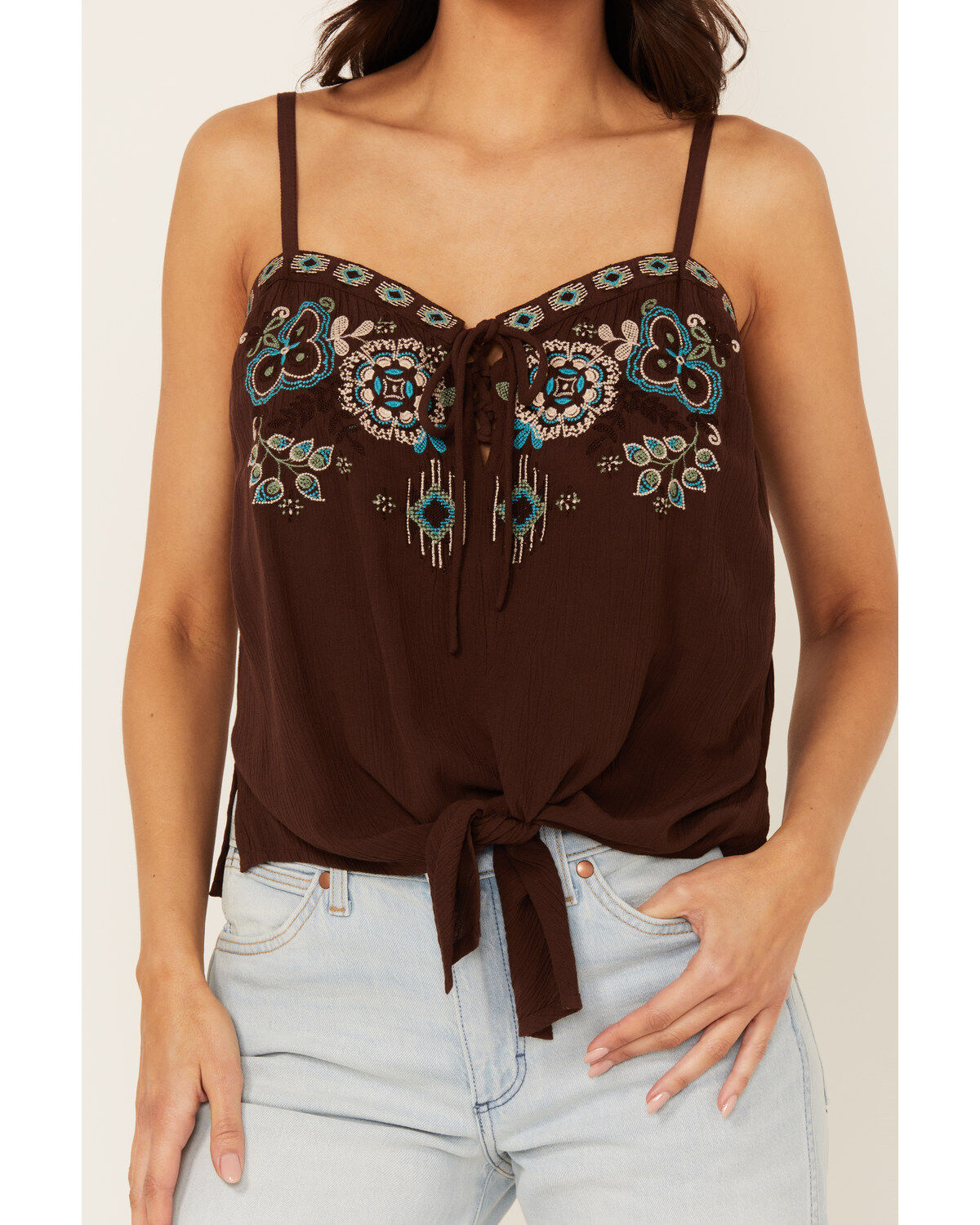 Shyanne Women's Embroidered Tie Front Tank