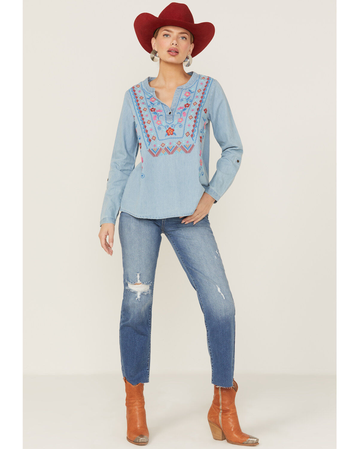 Roper Women's Embroidered Front Southwestern Denim Pullover Shirt
