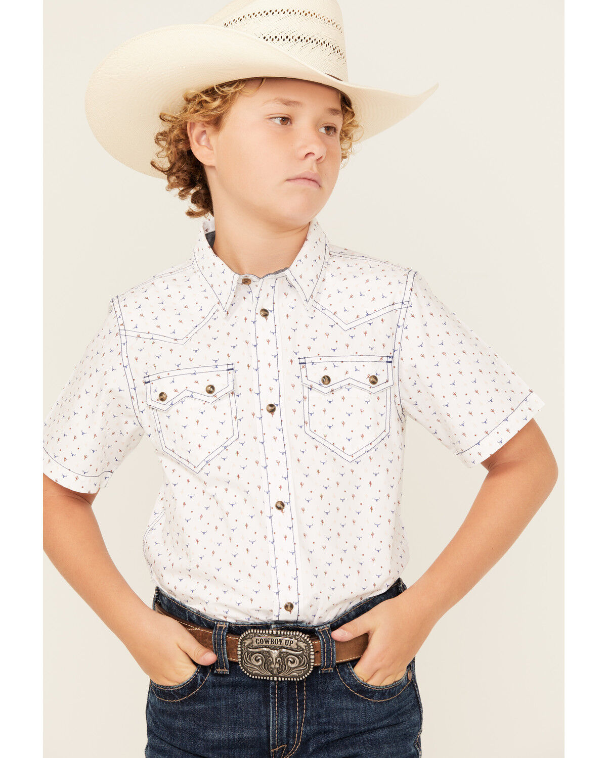 Cody James Boys' Bull Cactus Print Short Sleeve Snap Western Shirt