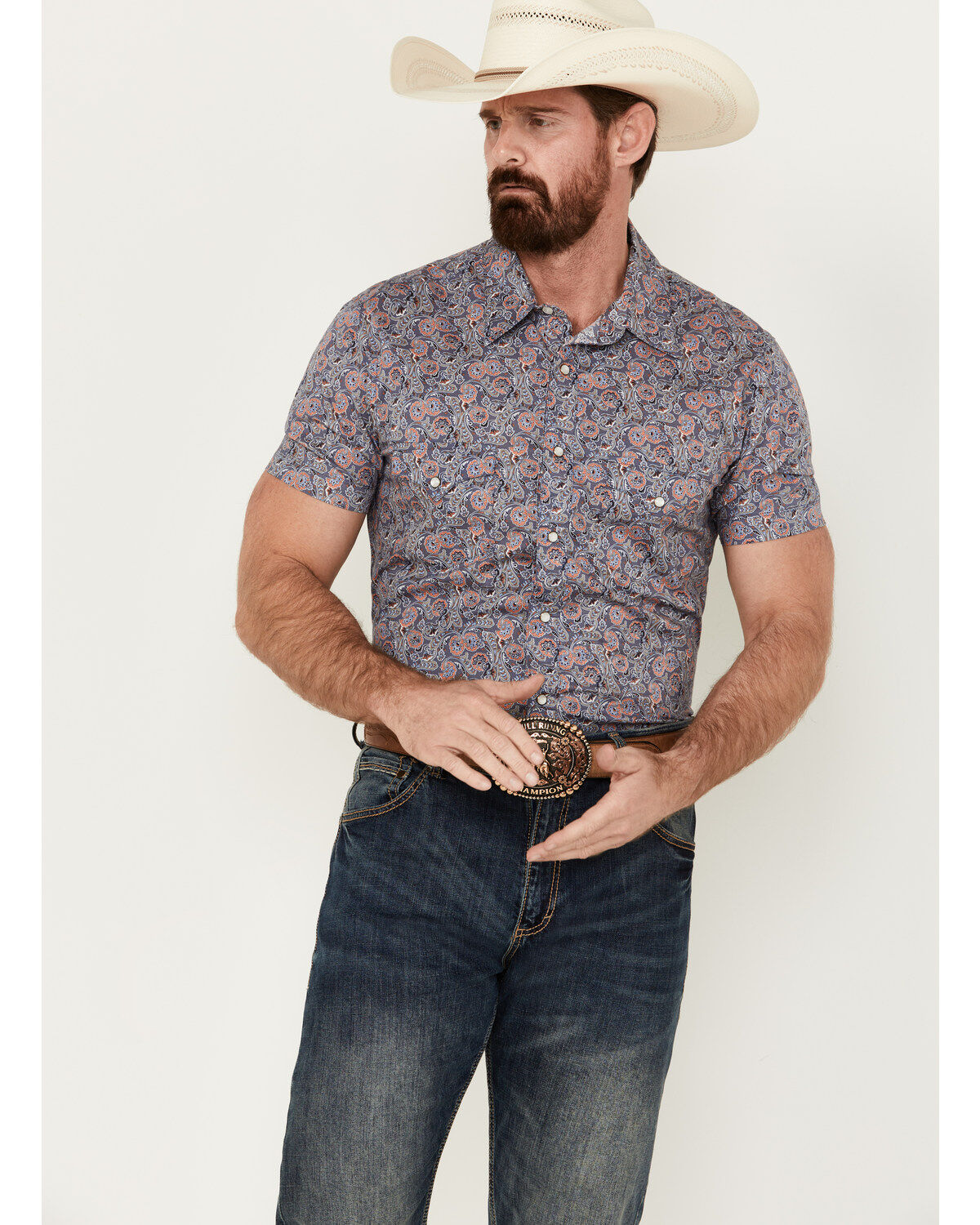 Rock & Roll Denim Men's Paisley Print Short Sleeve Pearl Snap Stretch Western Shirt