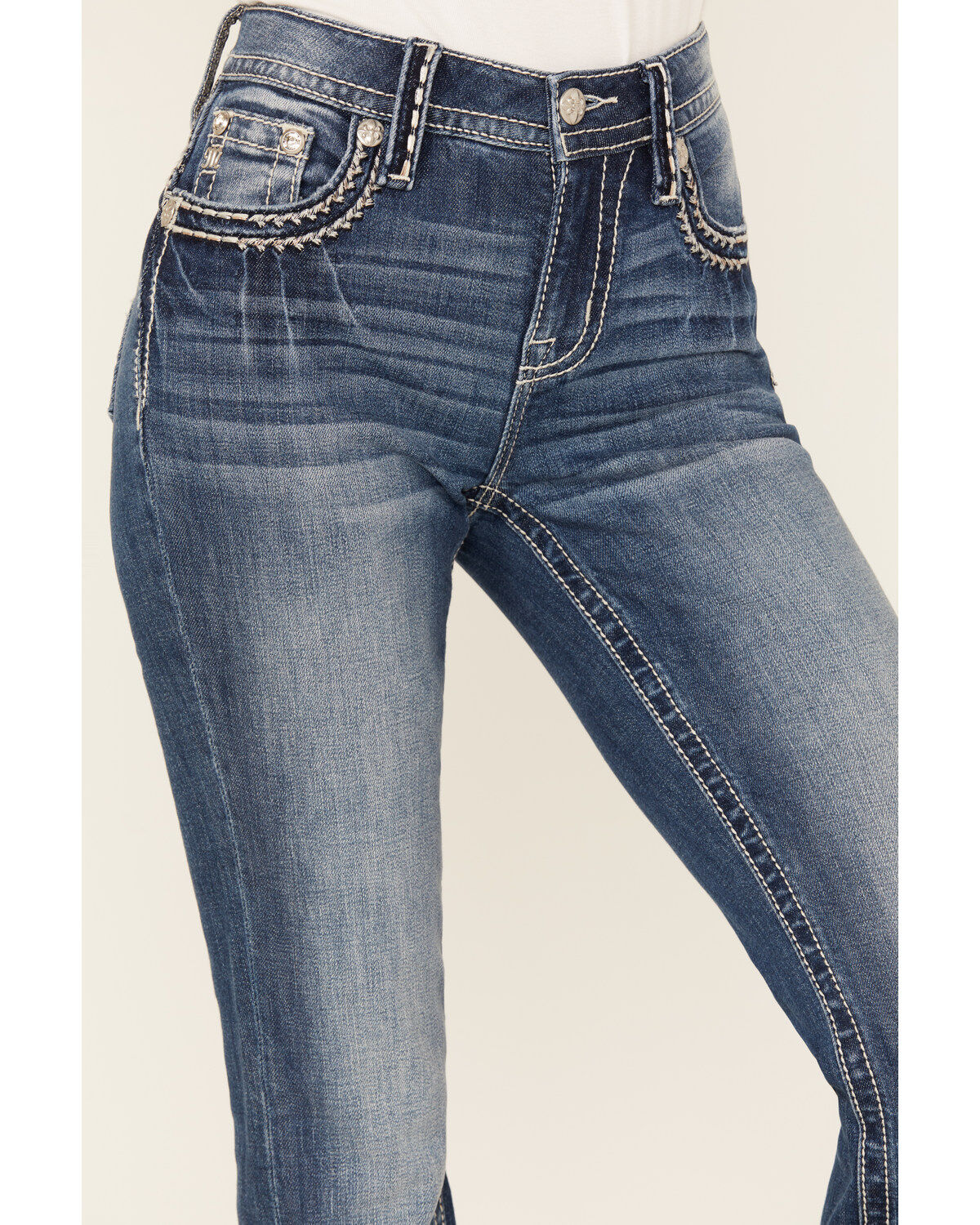 Miss Me Women's Medium Wash Mid Rise Border Stitch Bootcut Stretch Denim Jeans