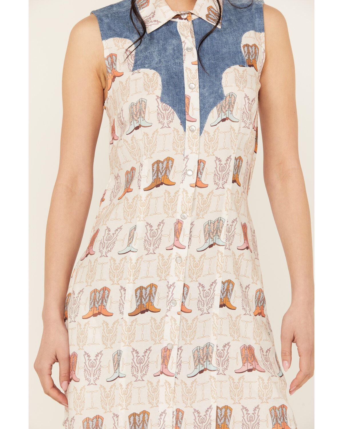 Panhandle Women's Boot Print Sleeveless Pearl Snap Mini Dress