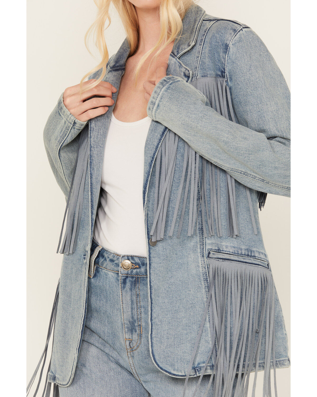Rock & Roll Denim Women's Light Wash Denim Stretch Fringe Blazer