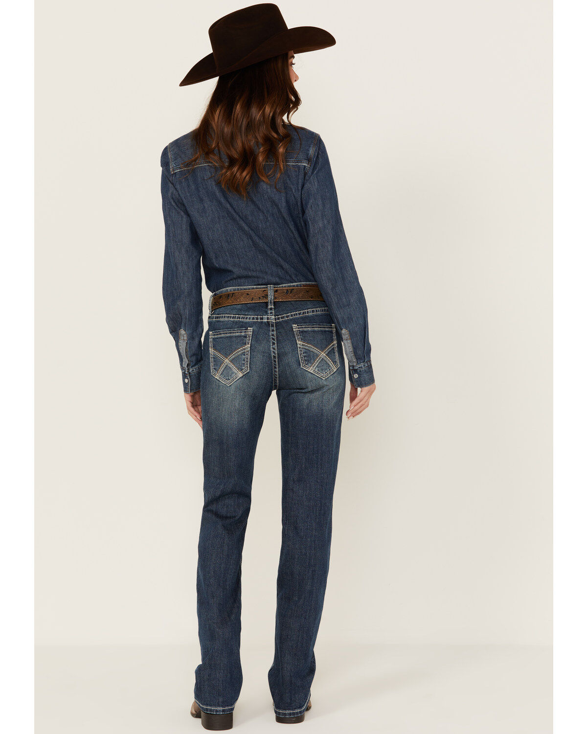 Rock & Roll Denim Women's Medium Wash Mid Rise Embroidered Pocket Bootcut Stretch Denim Jeans