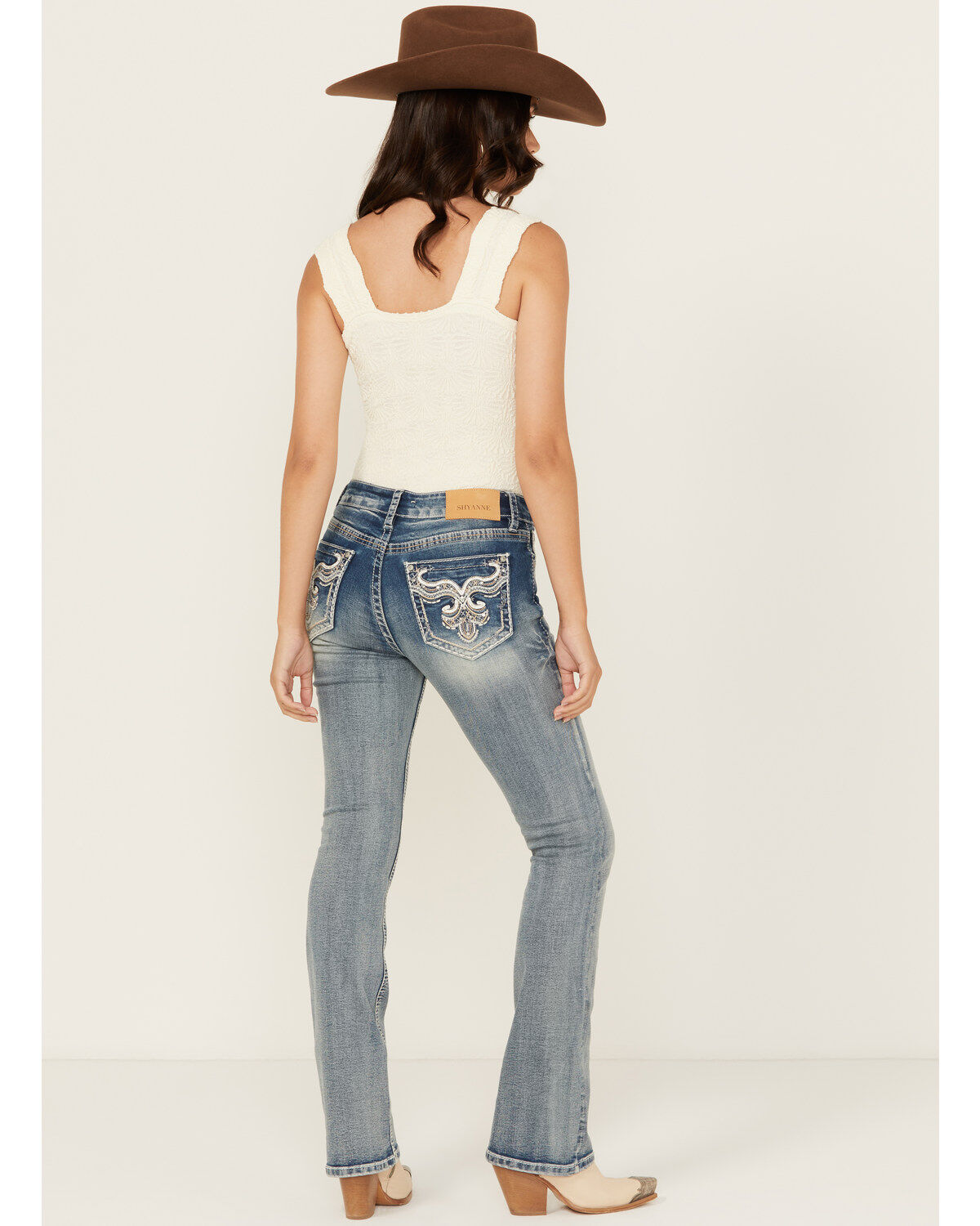 Shyanne Women's Embroidered Pocket Light Wash Mid Rise Bootcut Stretch Denim Jeans