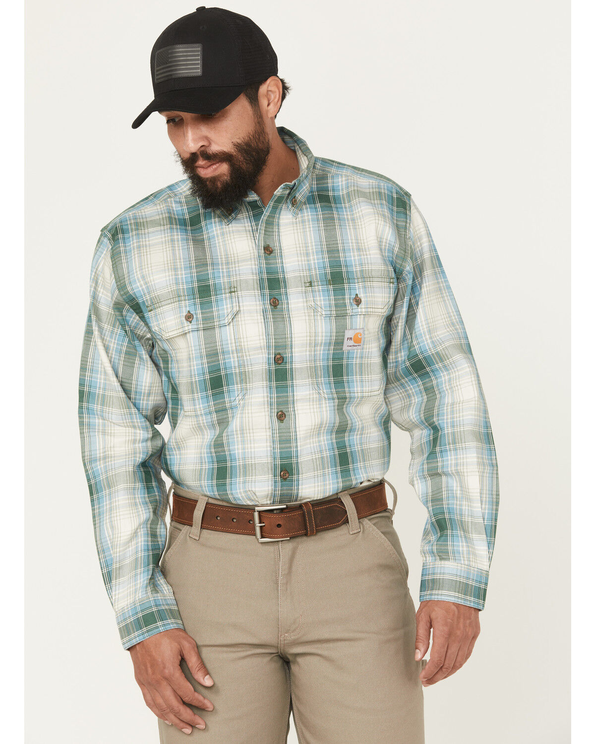 Carhart Men's FR Force Rugged FleX&trade; Loose Fit Midweight Plaid Print Long Sleeve Button-Down Work Shirt