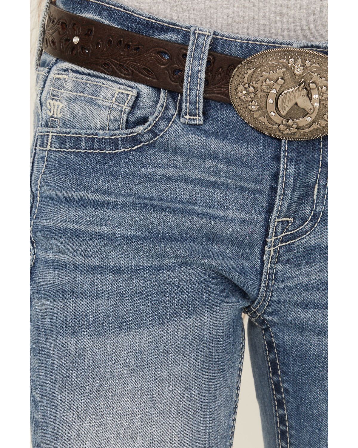 Miss Me Girls' Light Wash Winged Pocket Bootcut Stretch Denim Jeans