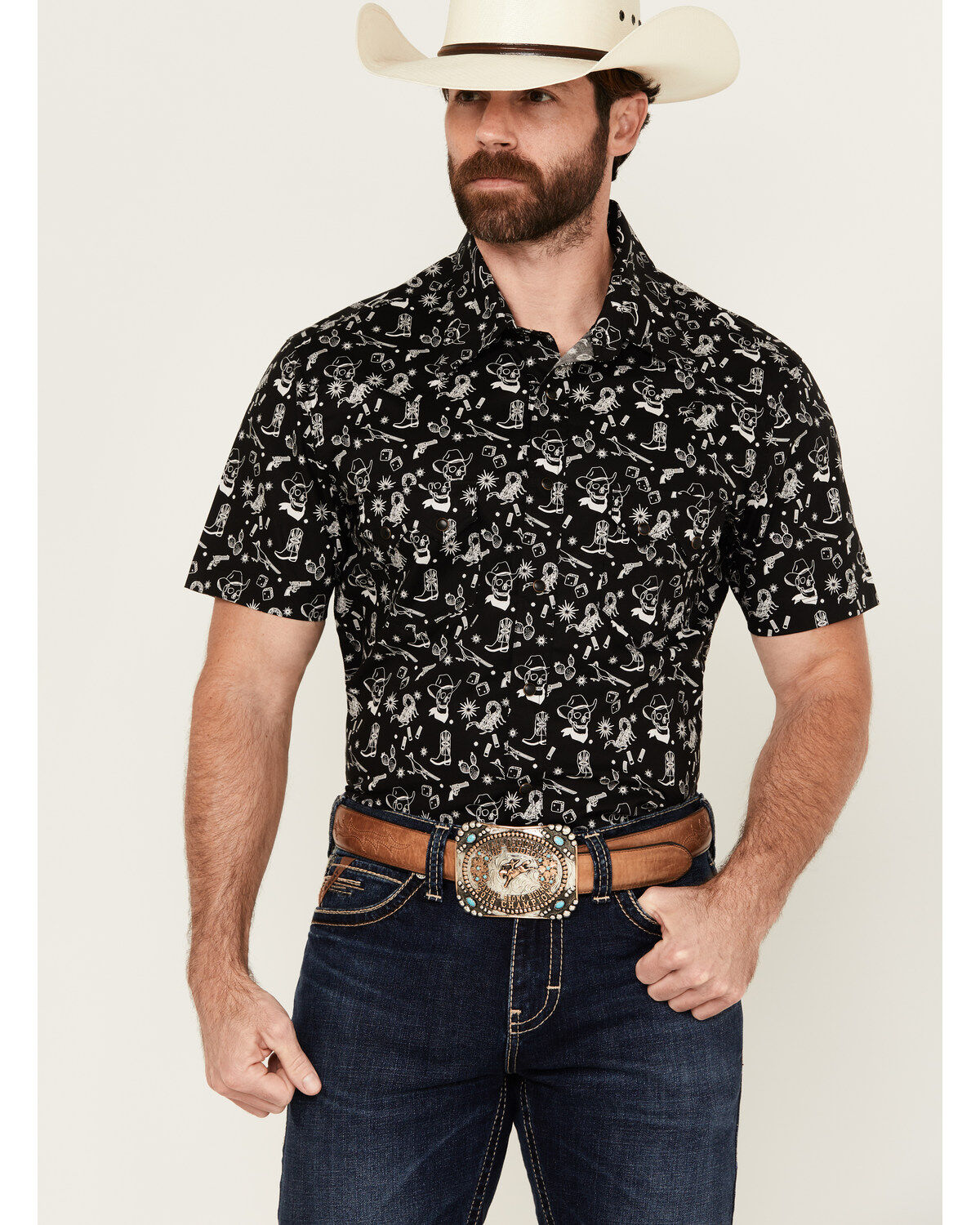 Rock & Roll Denim Men's Tattoo Print Short Sleeve Pearl Snap Stretch Western Shirt
