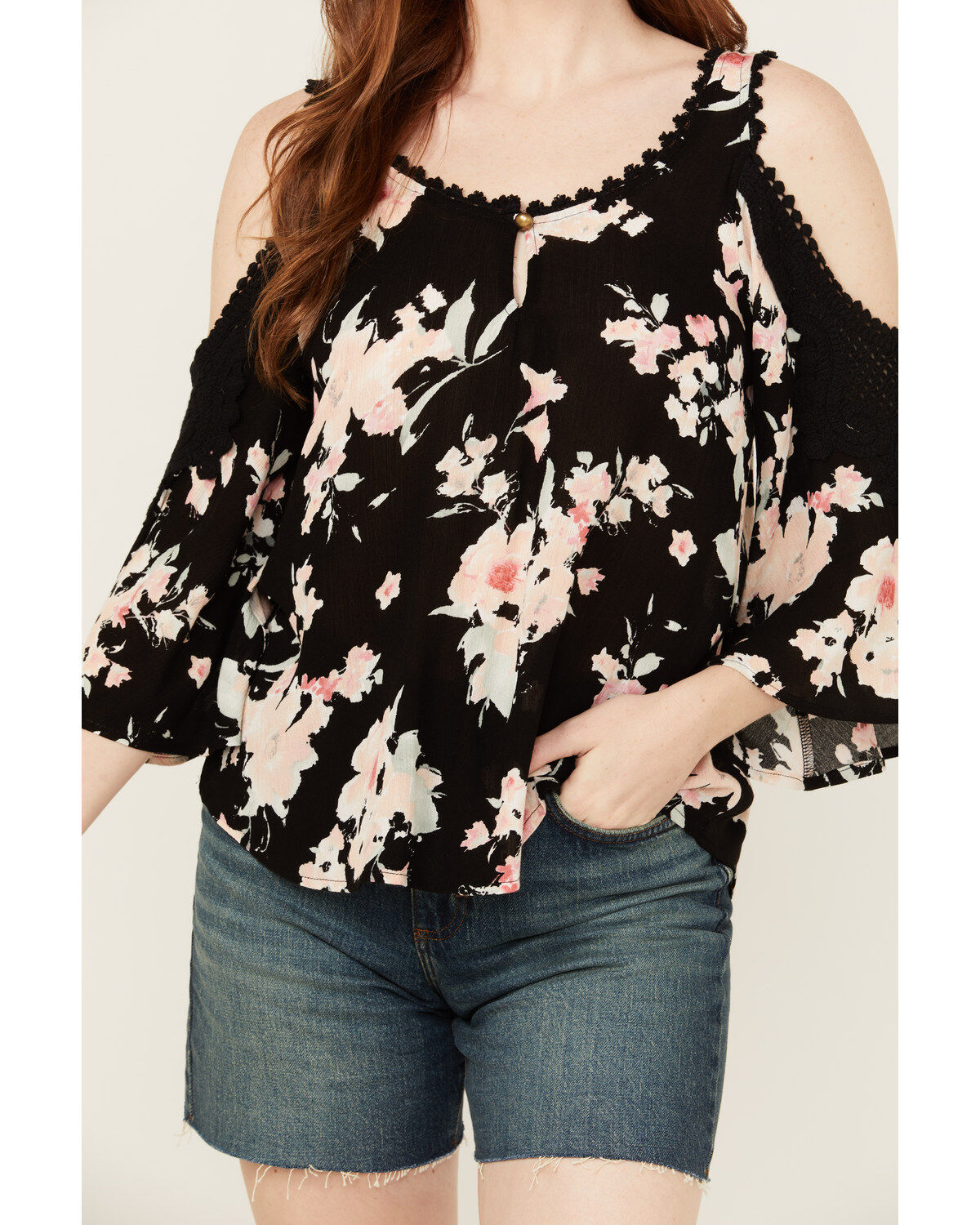 Wild Moss Women's Floral Print Cold Shoulder Top