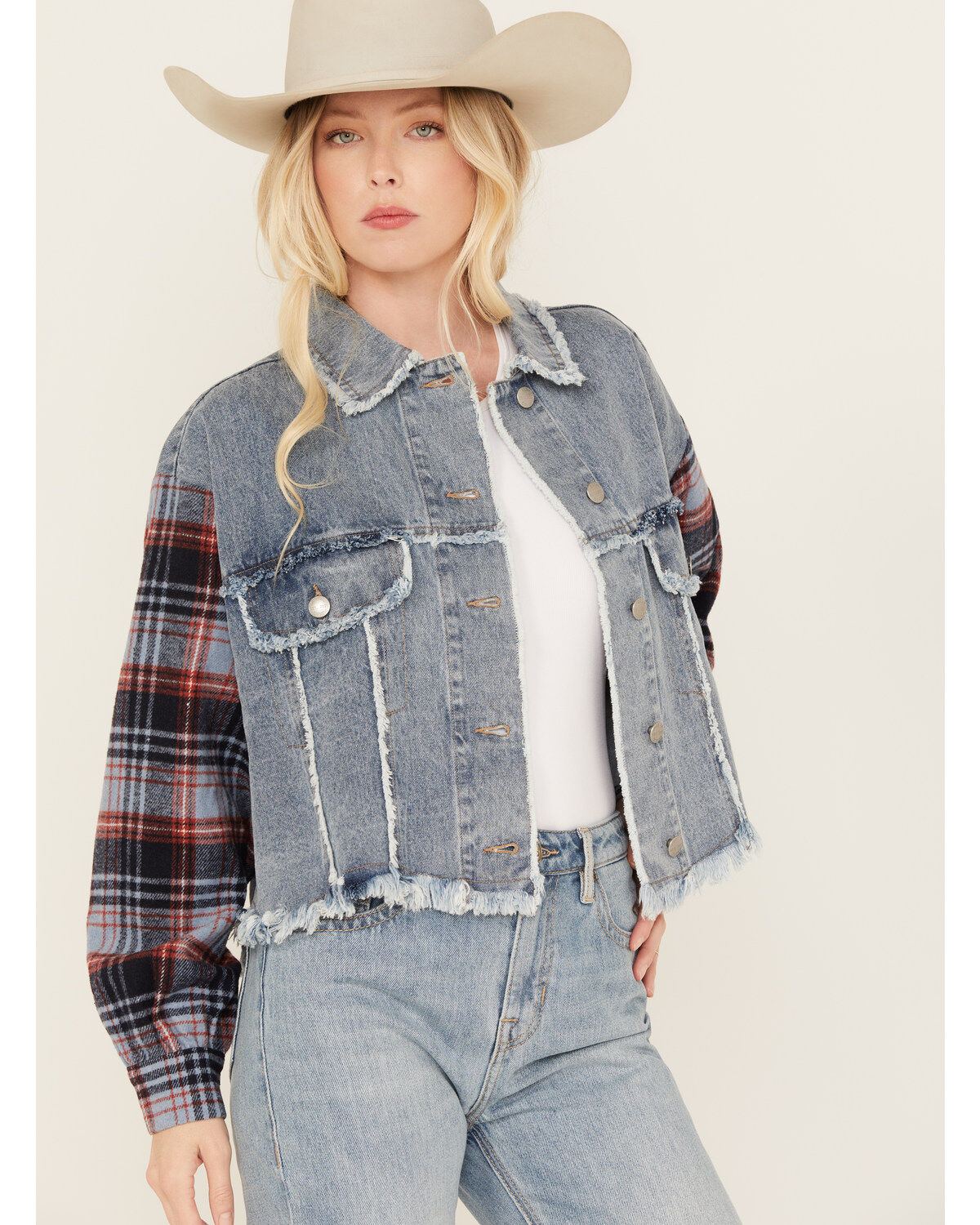 Miss Me Women's Medium Wash Denim Plaid Crochet Back Cropped Jacket