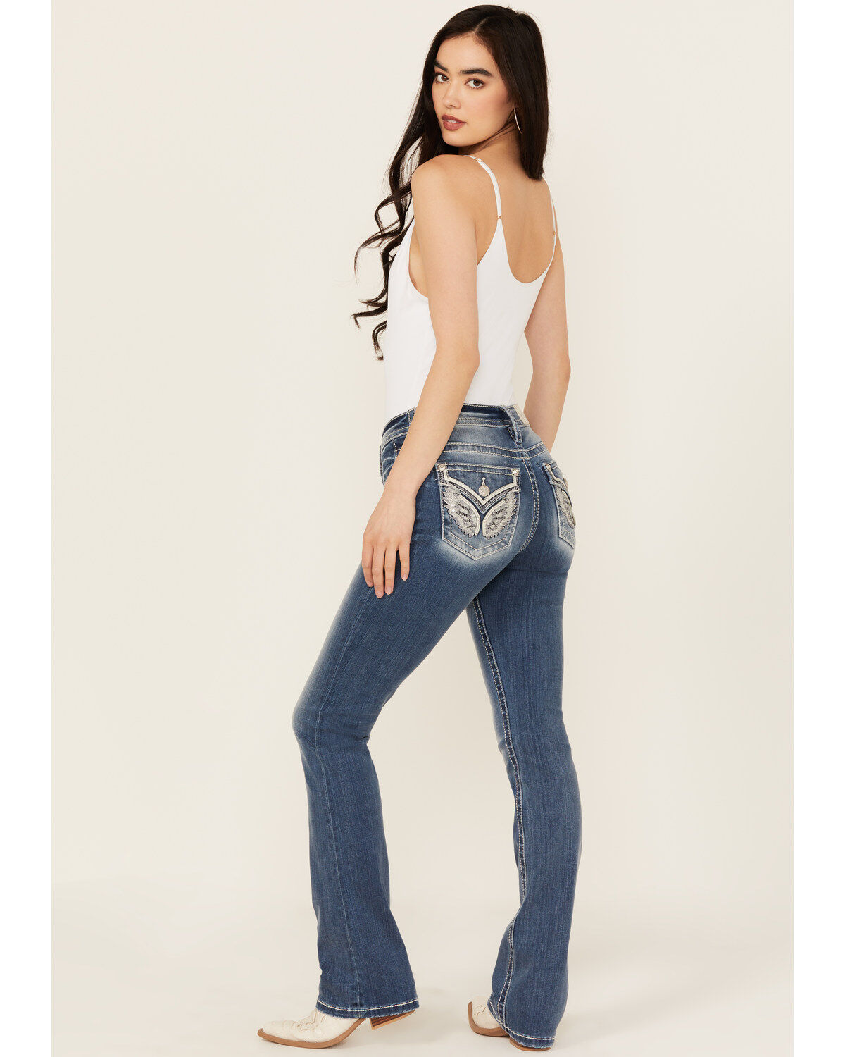 Miss Me Women's Medium Wash Mid Rise Wing Pocket Bootcut Stretch Denim Jeans