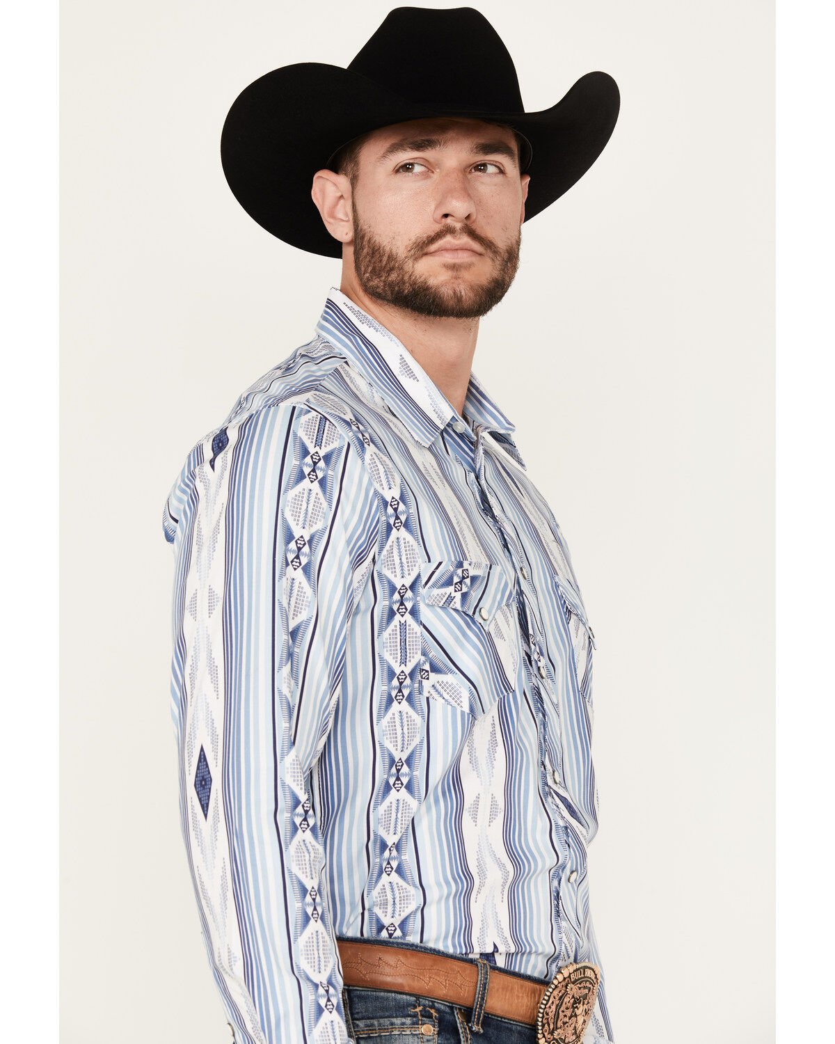Rock & Roll Denim Men's Southwestern Print Striped Stretch Long Sleeve Snap Western Shirt