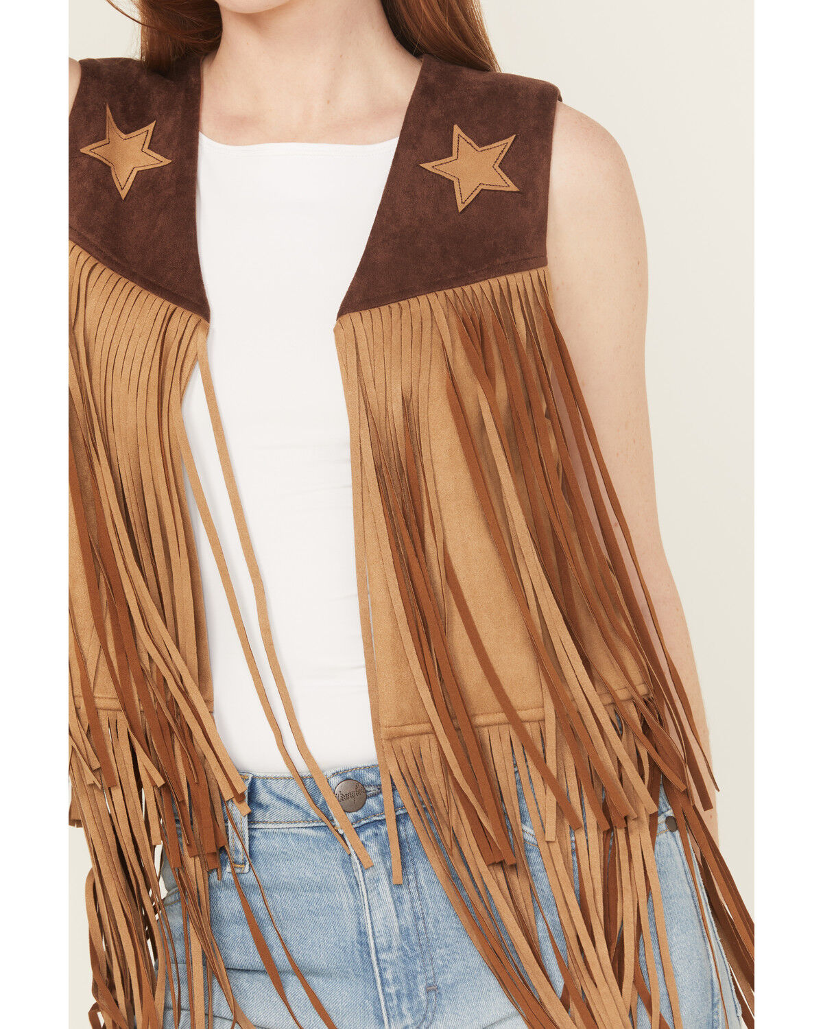 Saints & Hearts Women's Faux Suede Star Tiered Fringe Vest