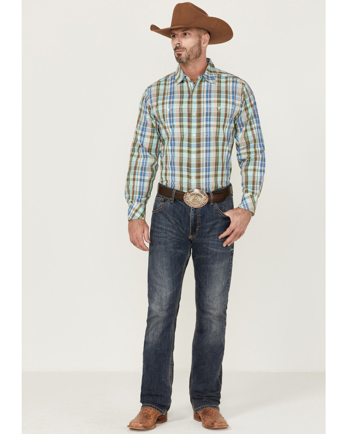 Resistol Men's Hampton Plaid Print Long Sleeve Button Down Western Shirt