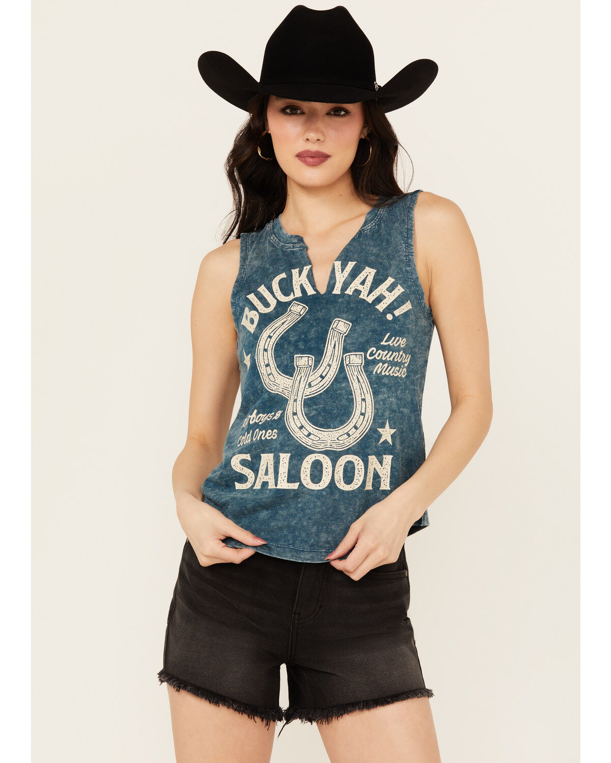Shyanne Women's Buck Yah Saloon Split Neck Graphic Tank