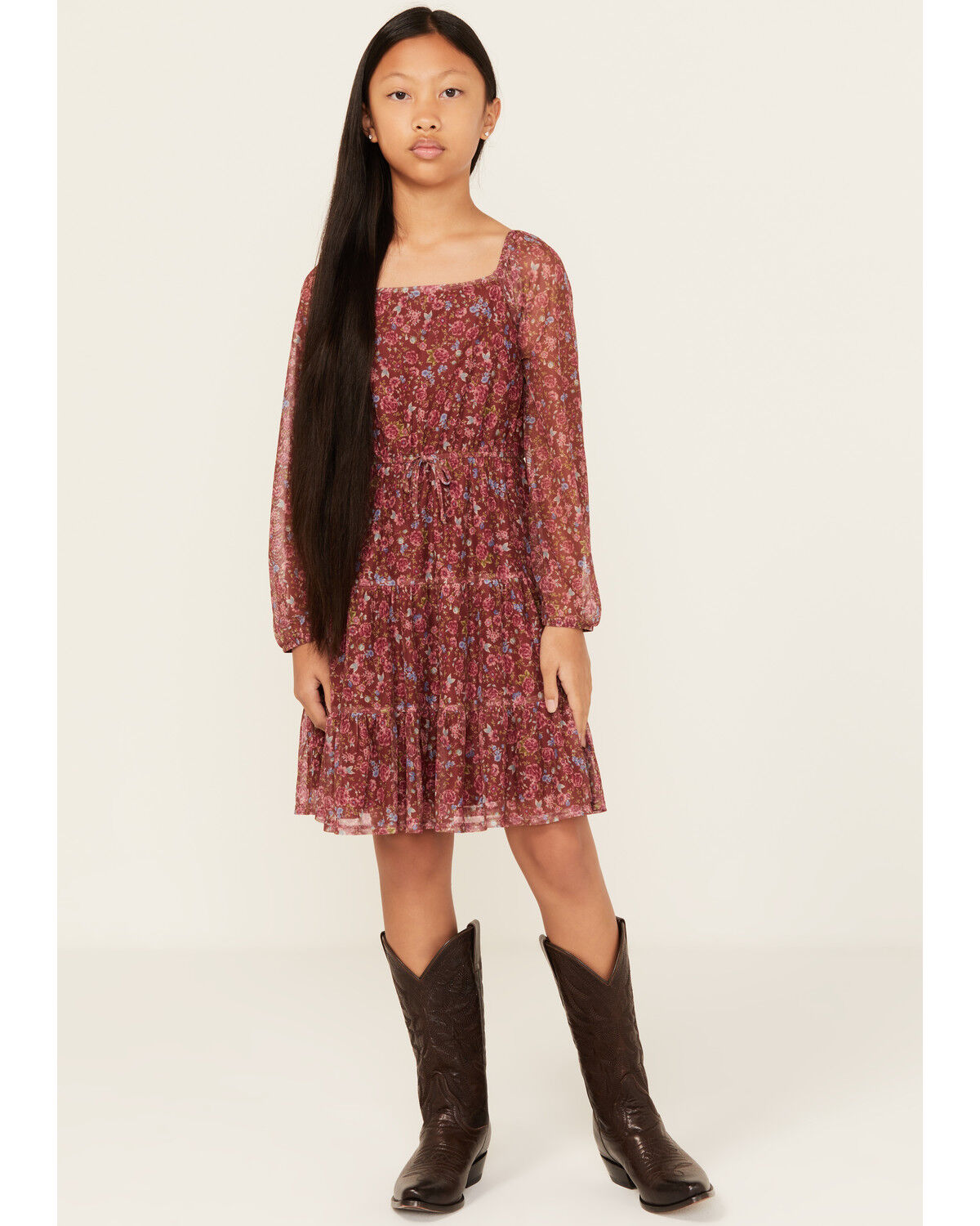 Shyanne Girls' Floral Print Mesh Long Sleeve Mini Dress